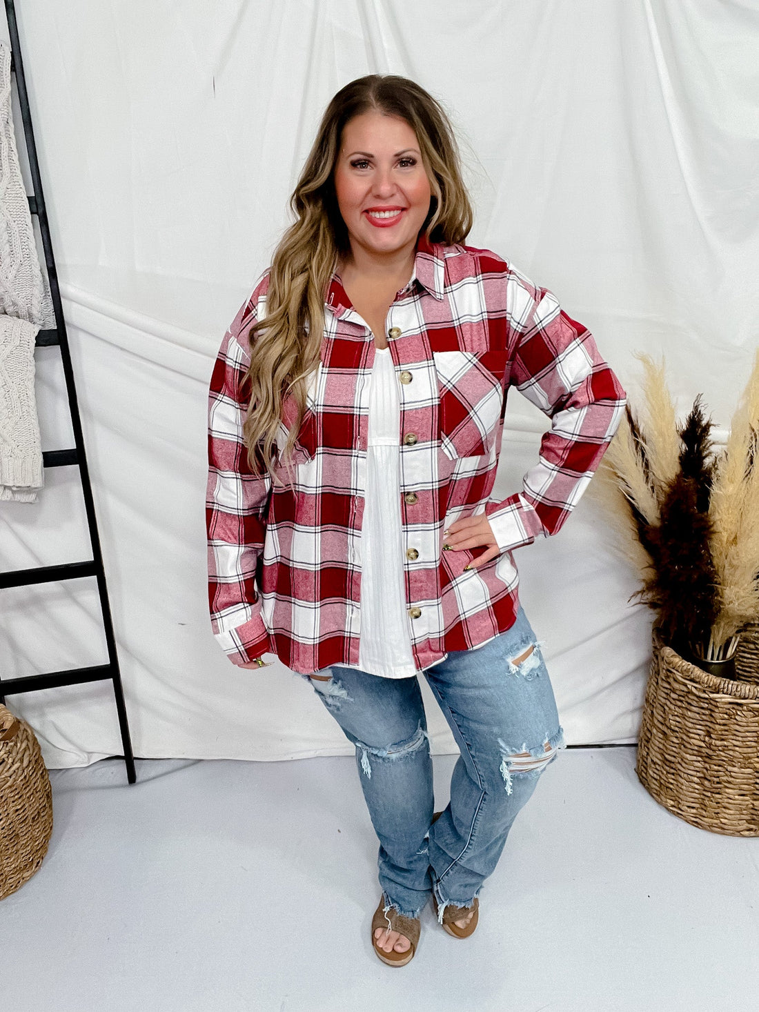 Red Plaid Button Down Flannel - Whiskey Skies - SWEET LOVELY BY JEN