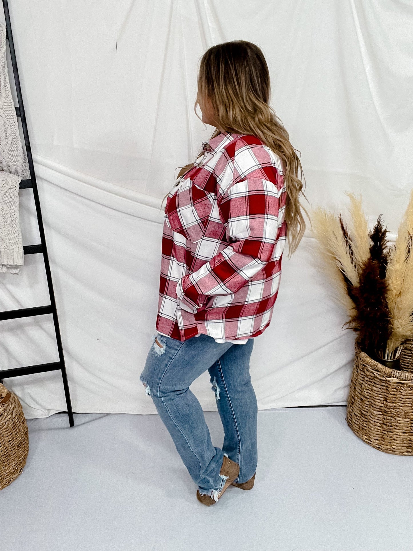 Red Plaid Button Down Flannel - Whiskey Skies - SWEET LOVELY BY JEN