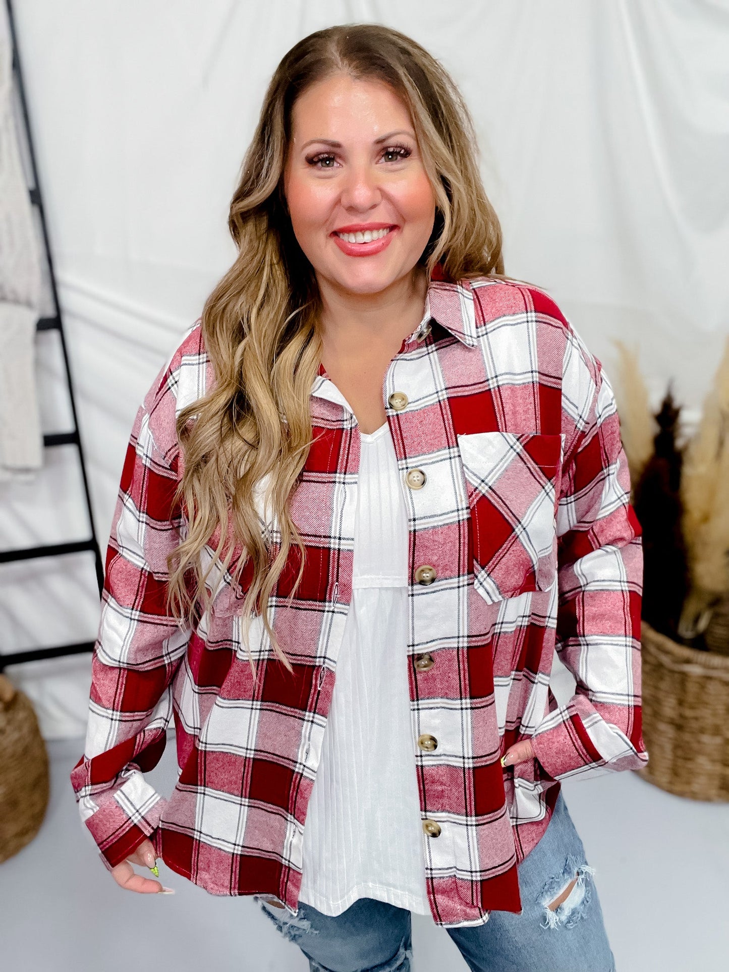 Red Plaid Button Down Flannel - Whiskey Skies - SWEET LOVELY BY JEN