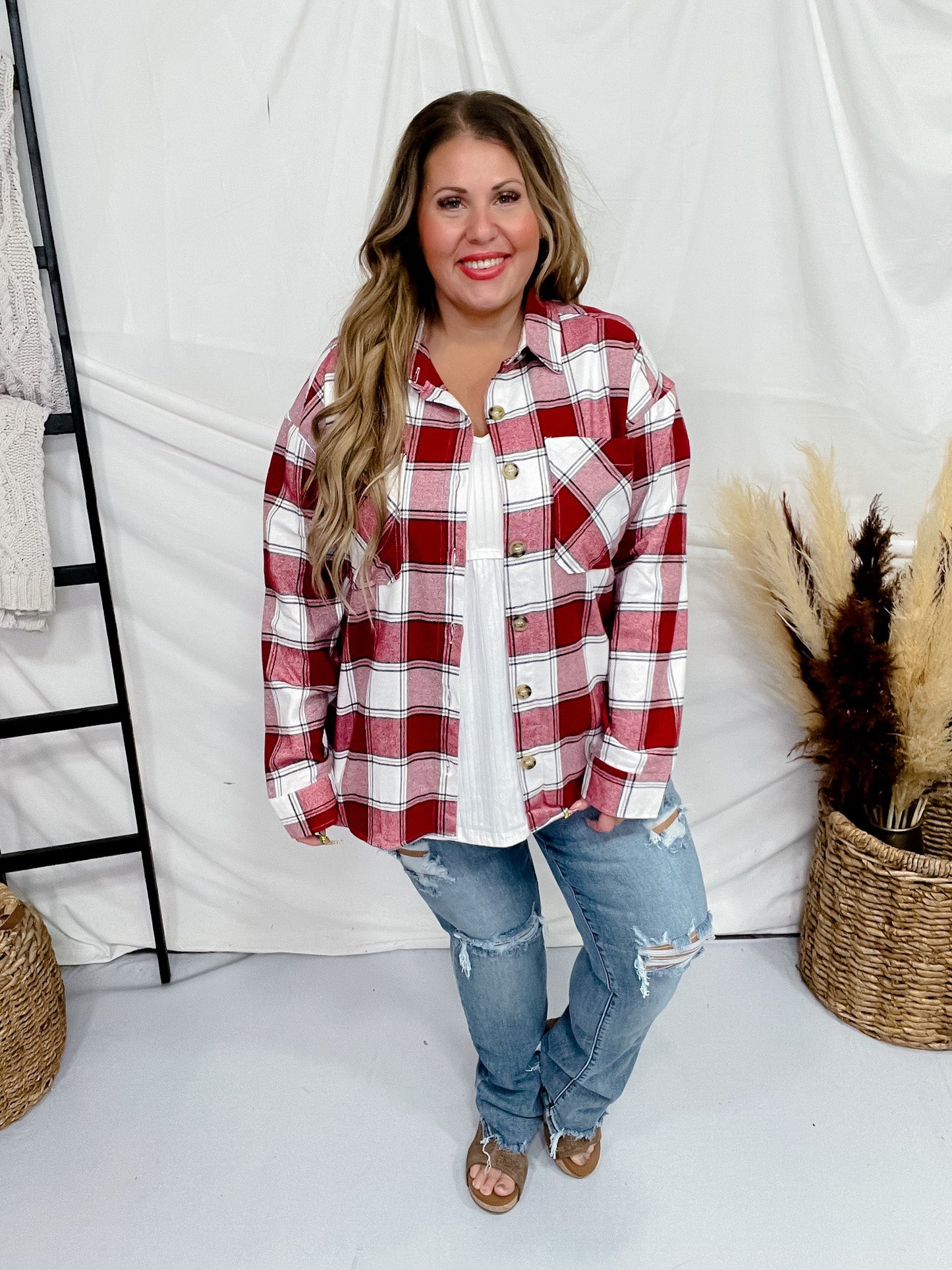 Red Plaid Button Down Flannel - Whiskey Skies - SWEET LOVELY BY JEN