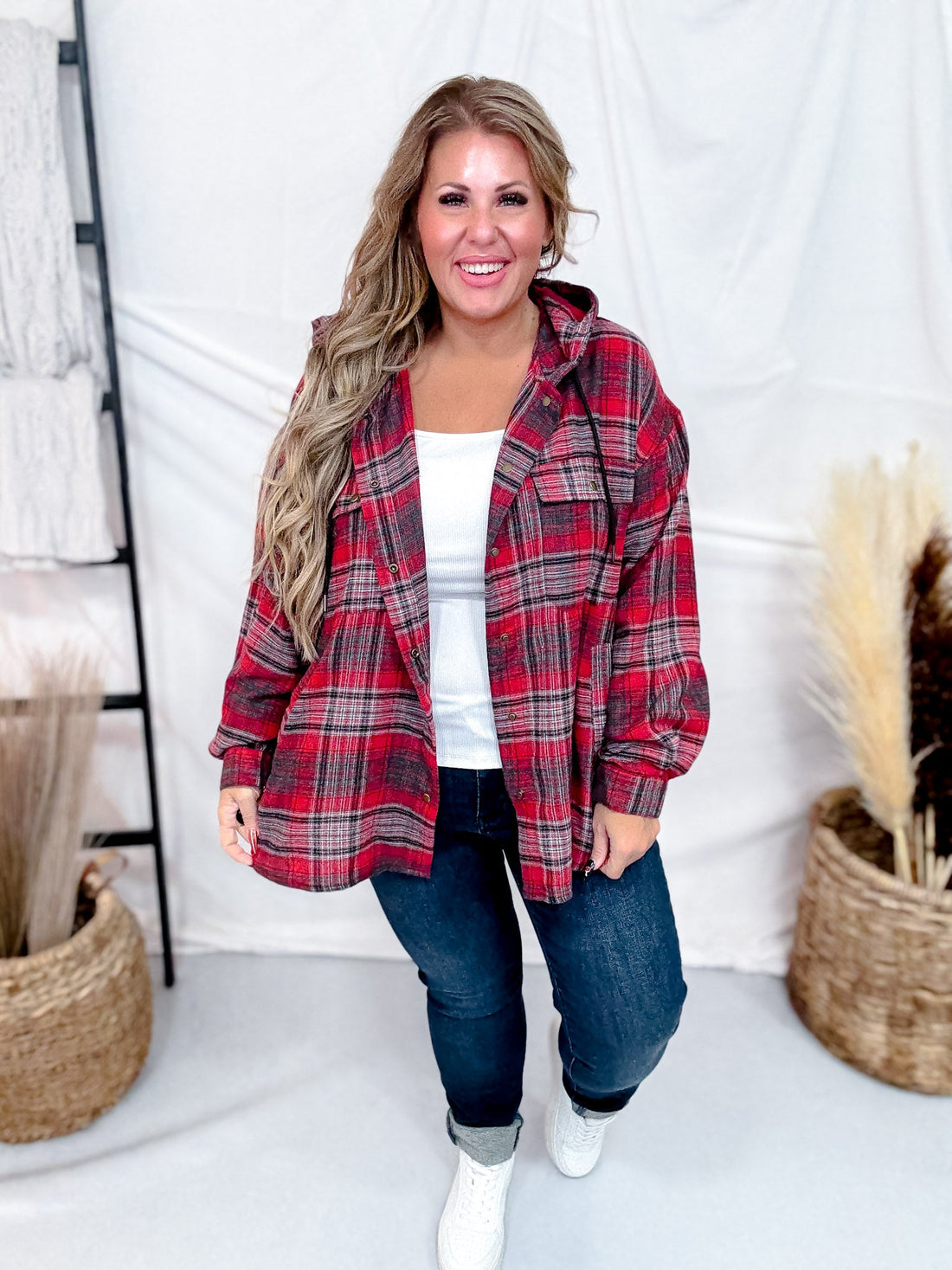 Red Plaid Button Down Flannel With Hood - Whiskey Skies - WHITE BIRCH