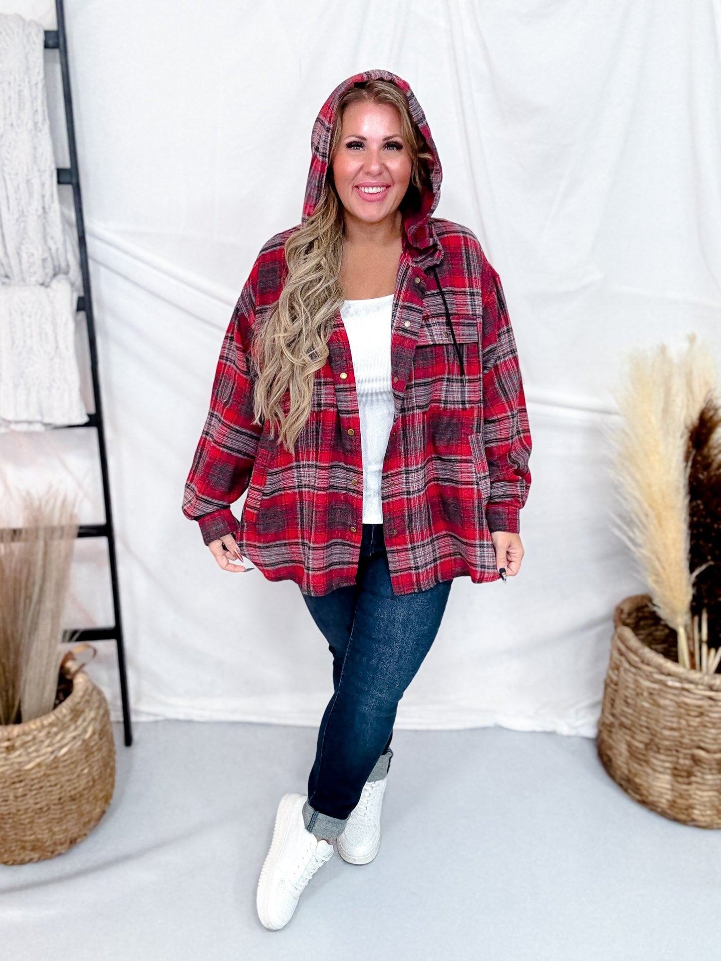 Red Plaid Button Down Flannel With Hood - Whiskey Skies - WHITE BIRCH