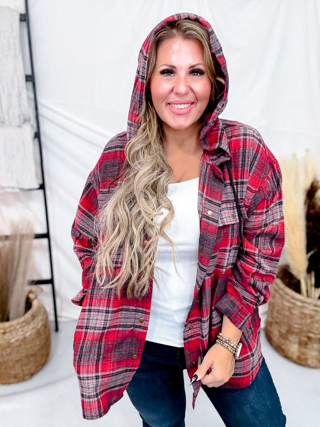 Red Plaid Button Down Flannel With Hood - Whiskey Skies - WHITE BIRCH