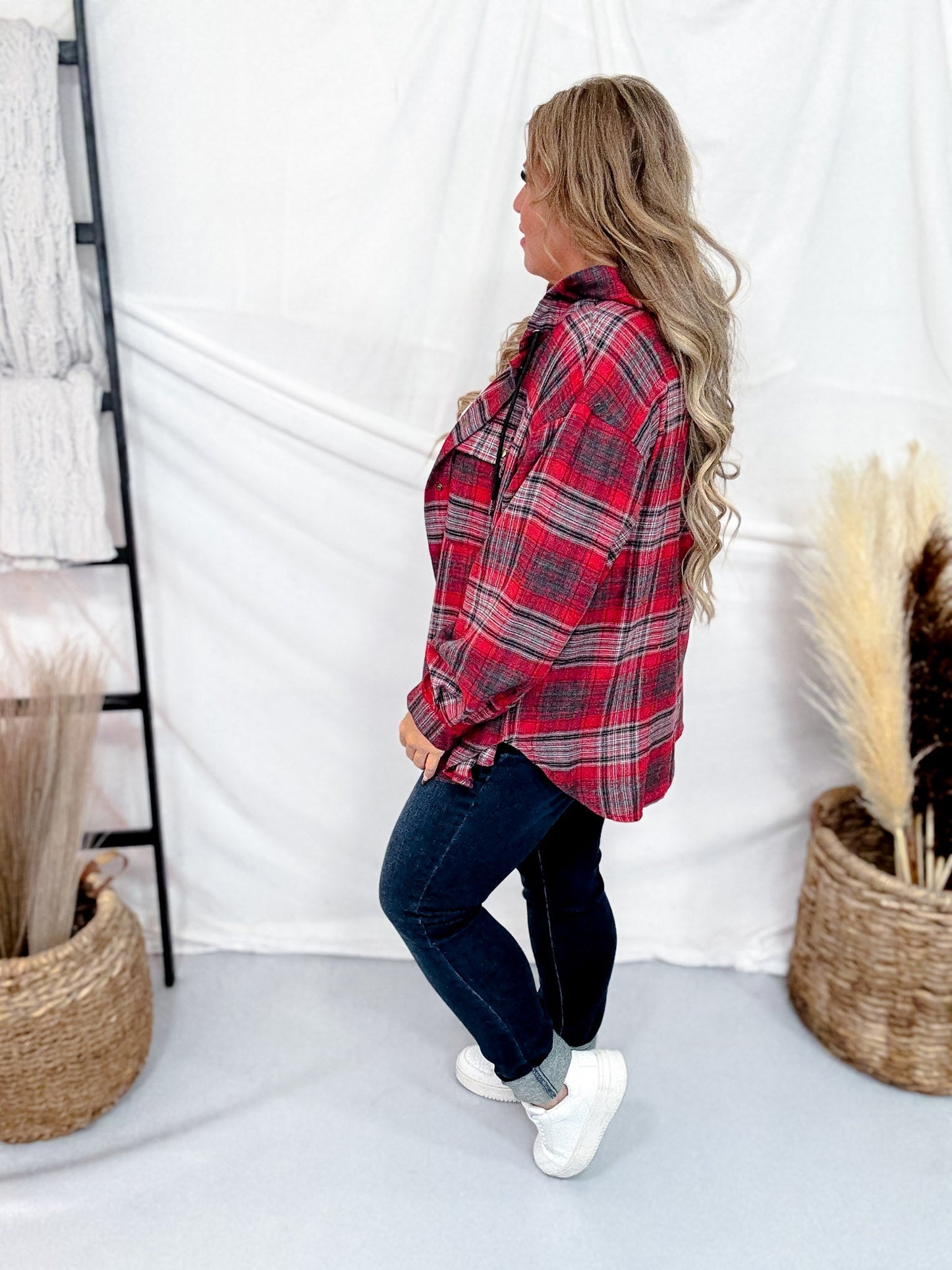 Red Plaid Button Down Flannel With Hood - Whiskey Skies - WHITE BIRCH