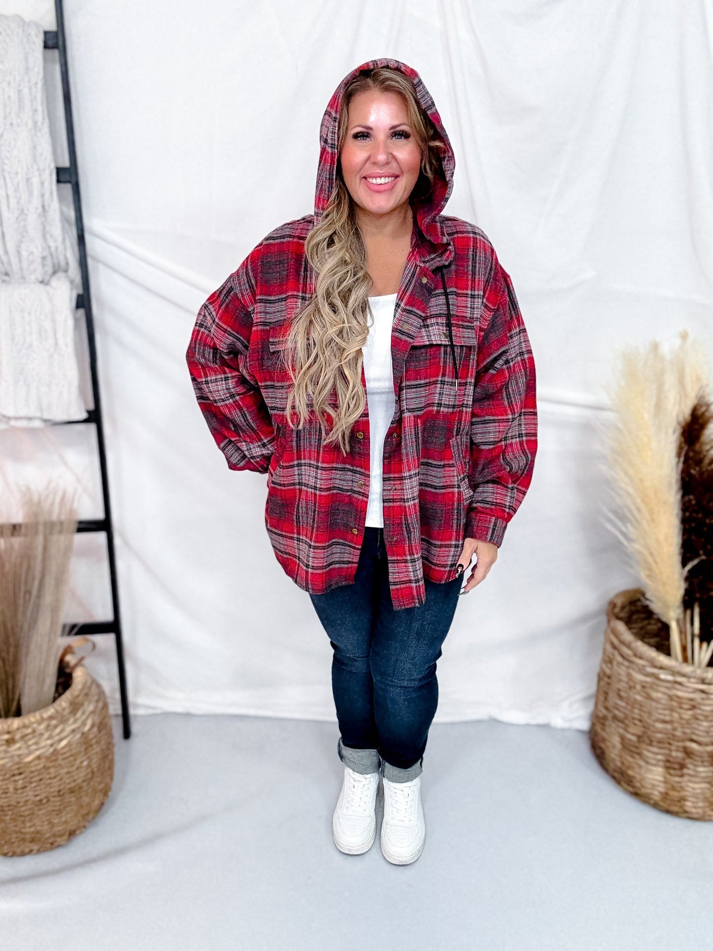 Red Plaid Button Down Flannel With Hood - Whiskey Skies - WHITE BIRCH