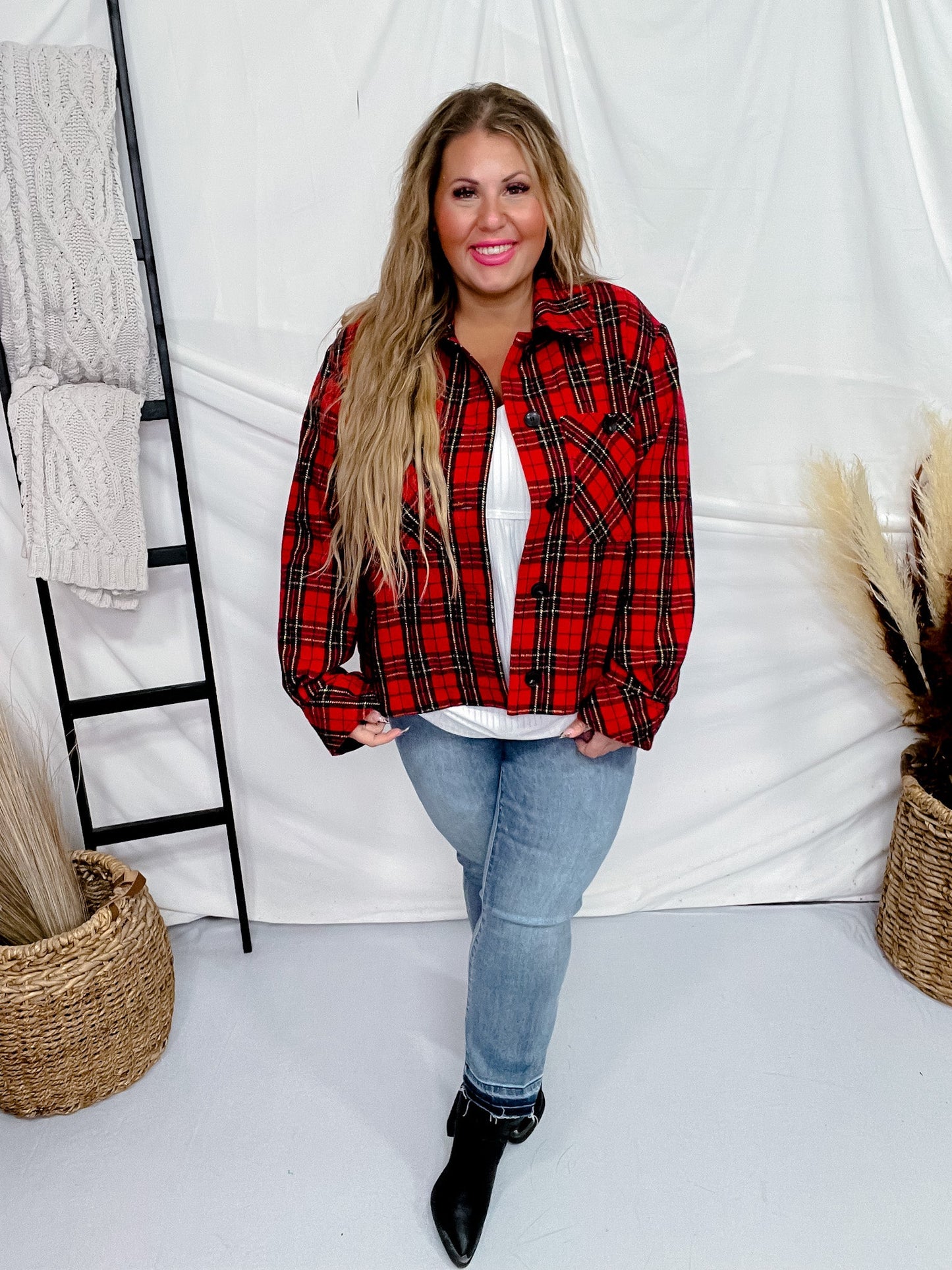 Red Plaid Button Front Jacket moo - Whiskey Skies - GEEGEE