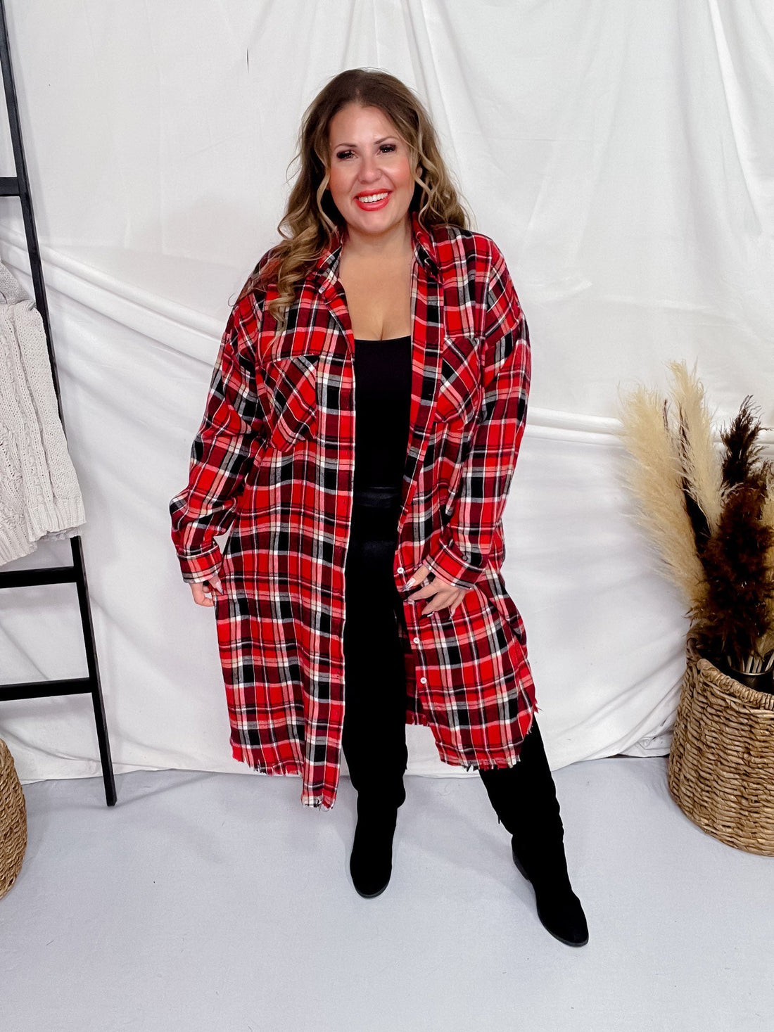 Red Plaid Long Sleeve Button Front Top - Whiskey Skies - WHITE BIRCH