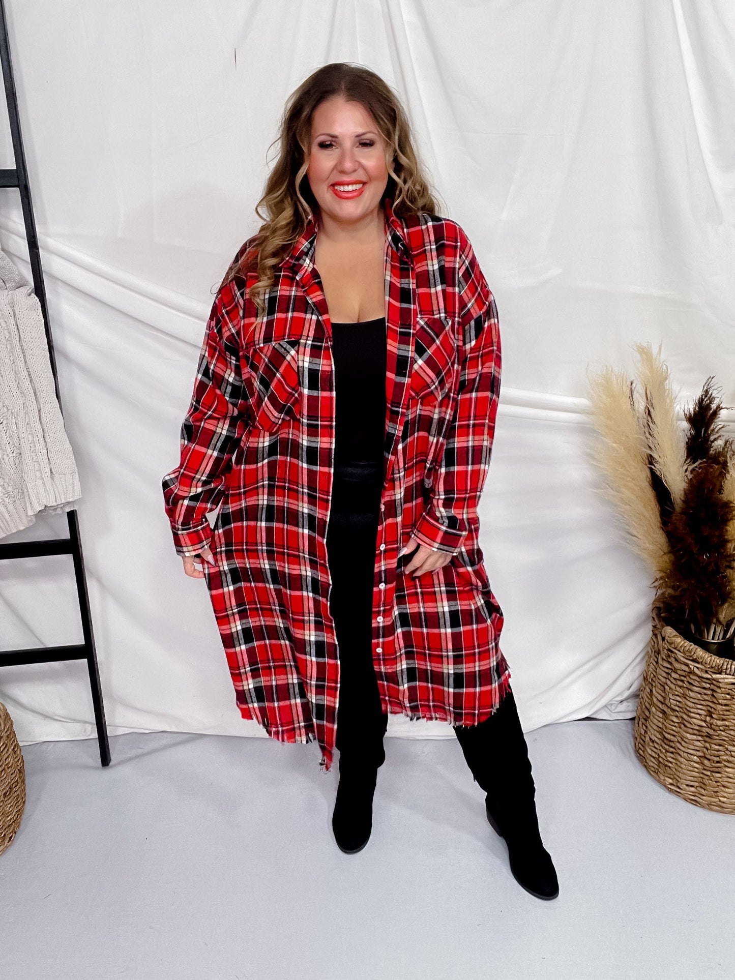 Red Plaid Long Sleeve Button Front Top - Whiskey Skies - WHITE BIRCH