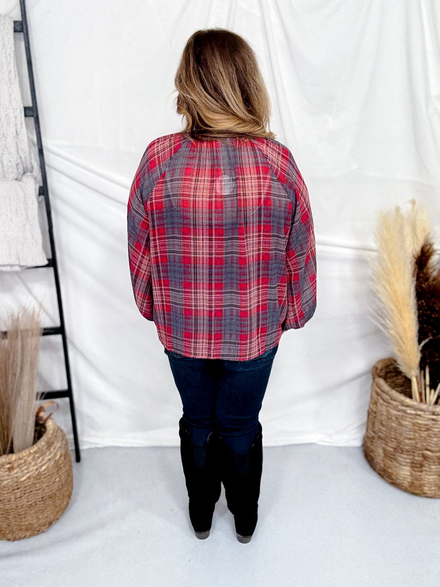 Red Plaid Peasant Blouse With Ruffle Trim - Whiskey Skies - ODDI
