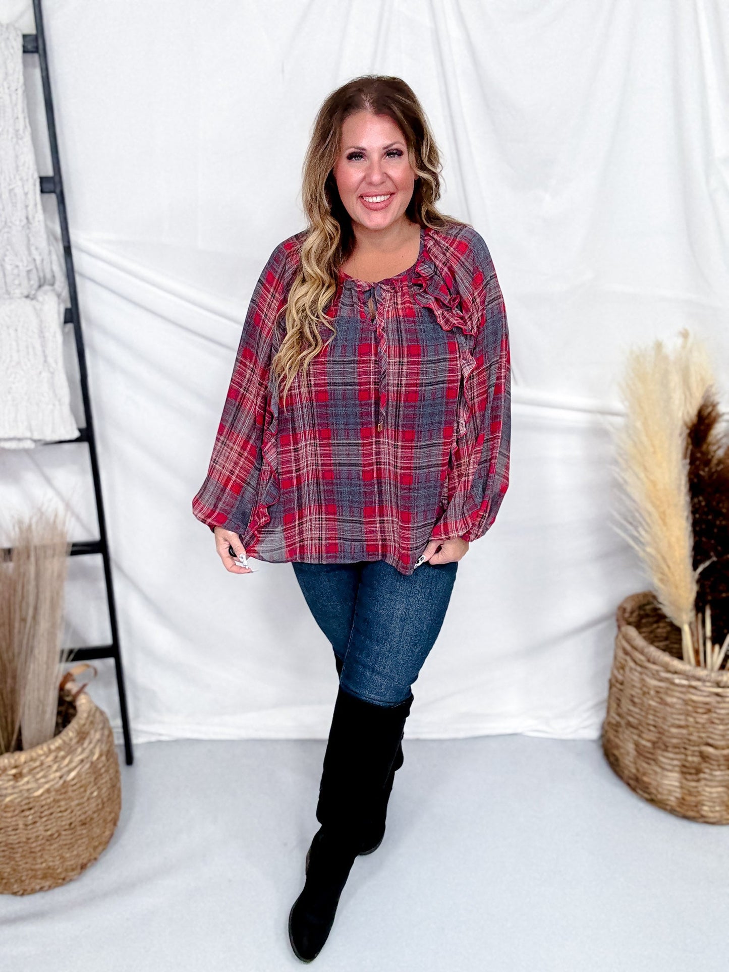 Red Plaid Peasant Blouse With Ruffle Trim - Whiskey Skies - ODDI