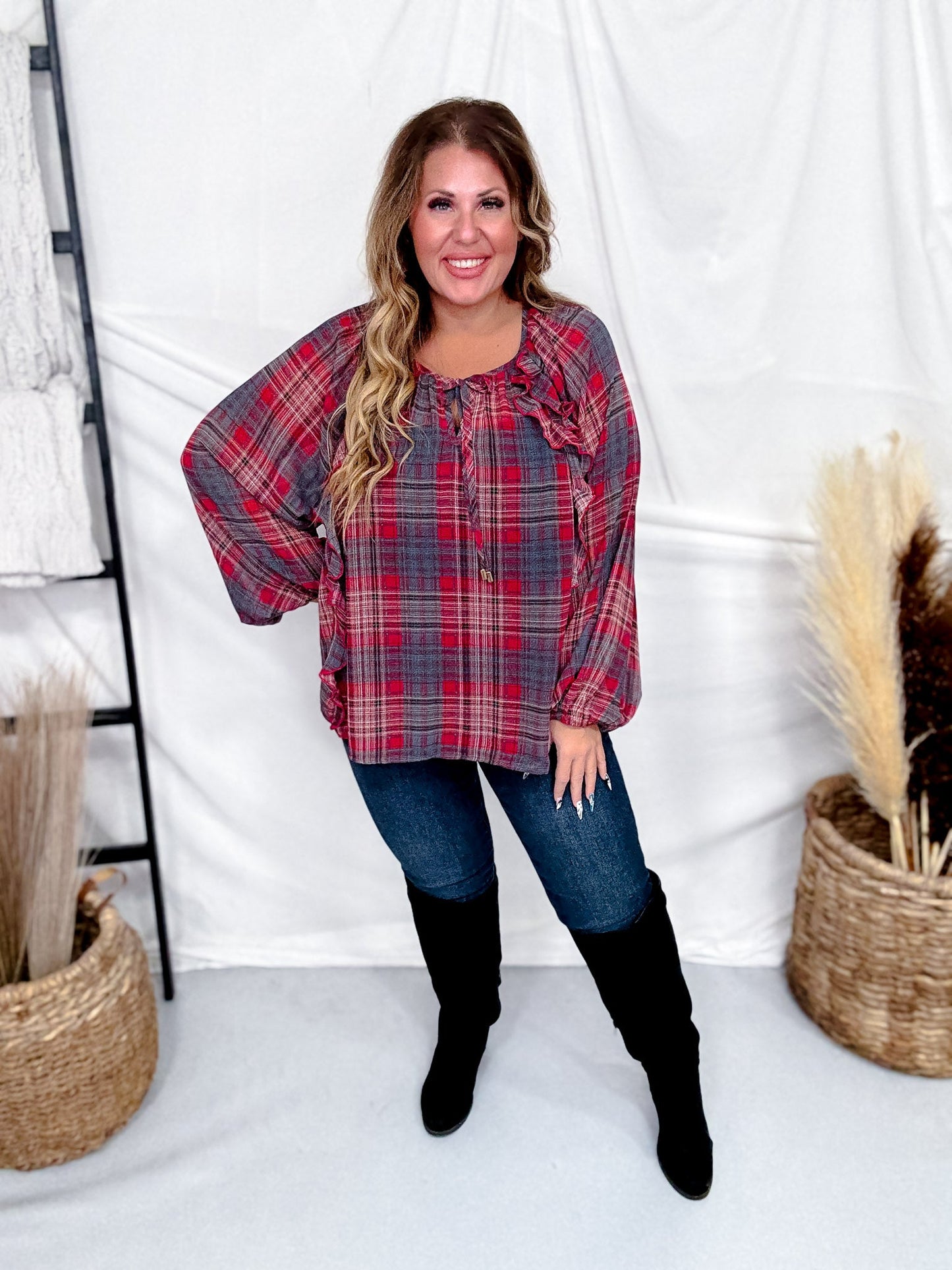 Red Plaid Peasant Blouse With Ruffle Trim - Whiskey Skies - ODDI