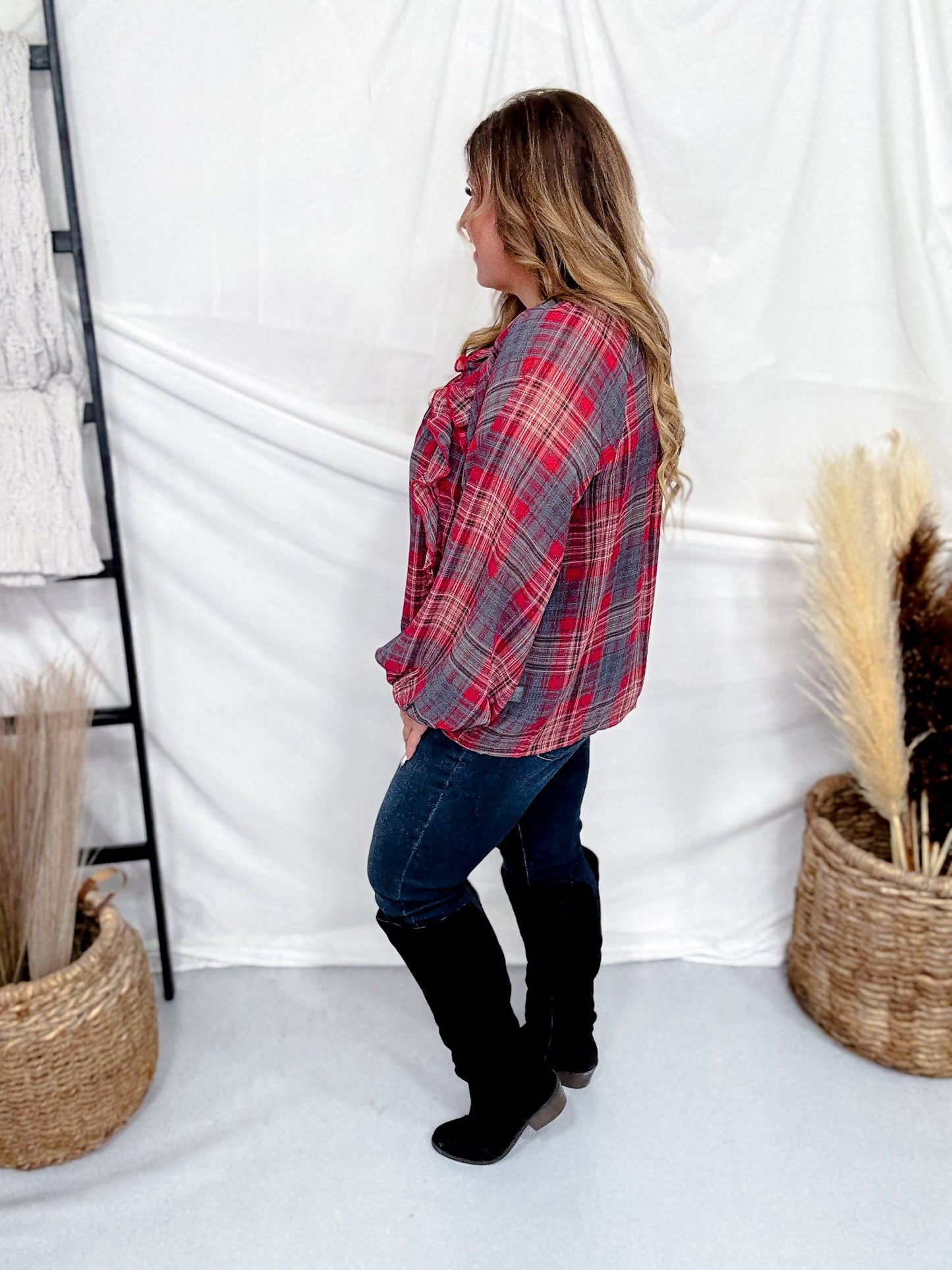 Red Plaid Peasant Blouse With Ruffle Trim - Whiskey Skies - ODDI