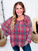 Red Plaid Peasant Blouse With Ruffle Trim - Whiskey Skies - ODDI