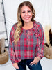 Red Plaid Peasant Blouse With Ruffle Trim - Whiskey Skies - ODDI