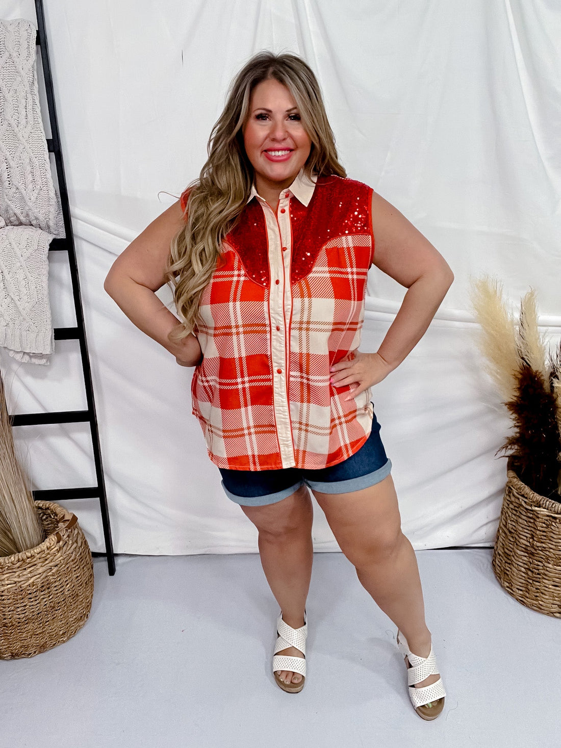 Red & Plaid Sequin Collard "Yee Haw" Vest - Whiskey Skies - SOUTHERN GRACE