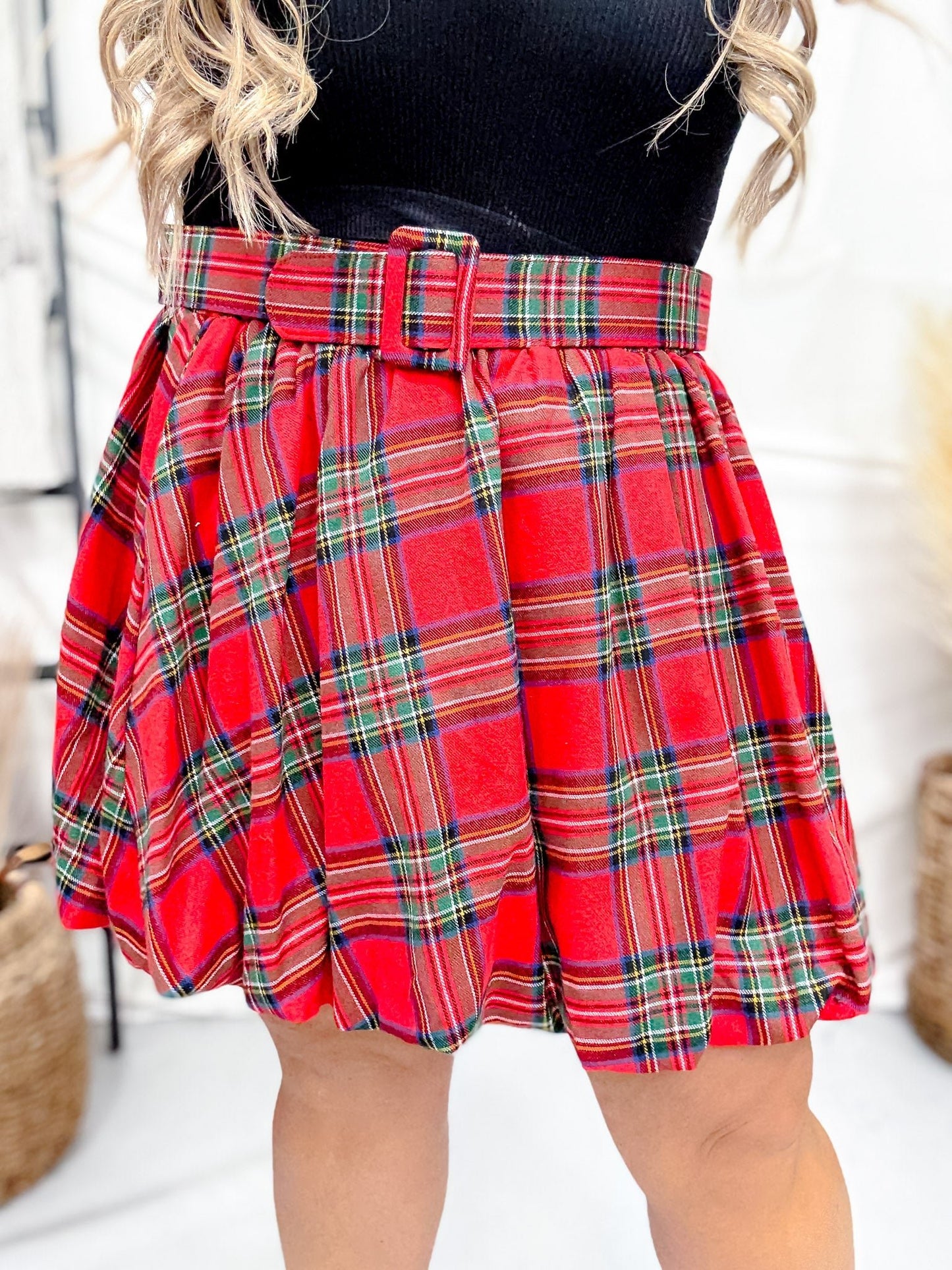 Red Plaid Shirred Puff Skirt With Belt - Whiskey Skies - SWEET GENERIS