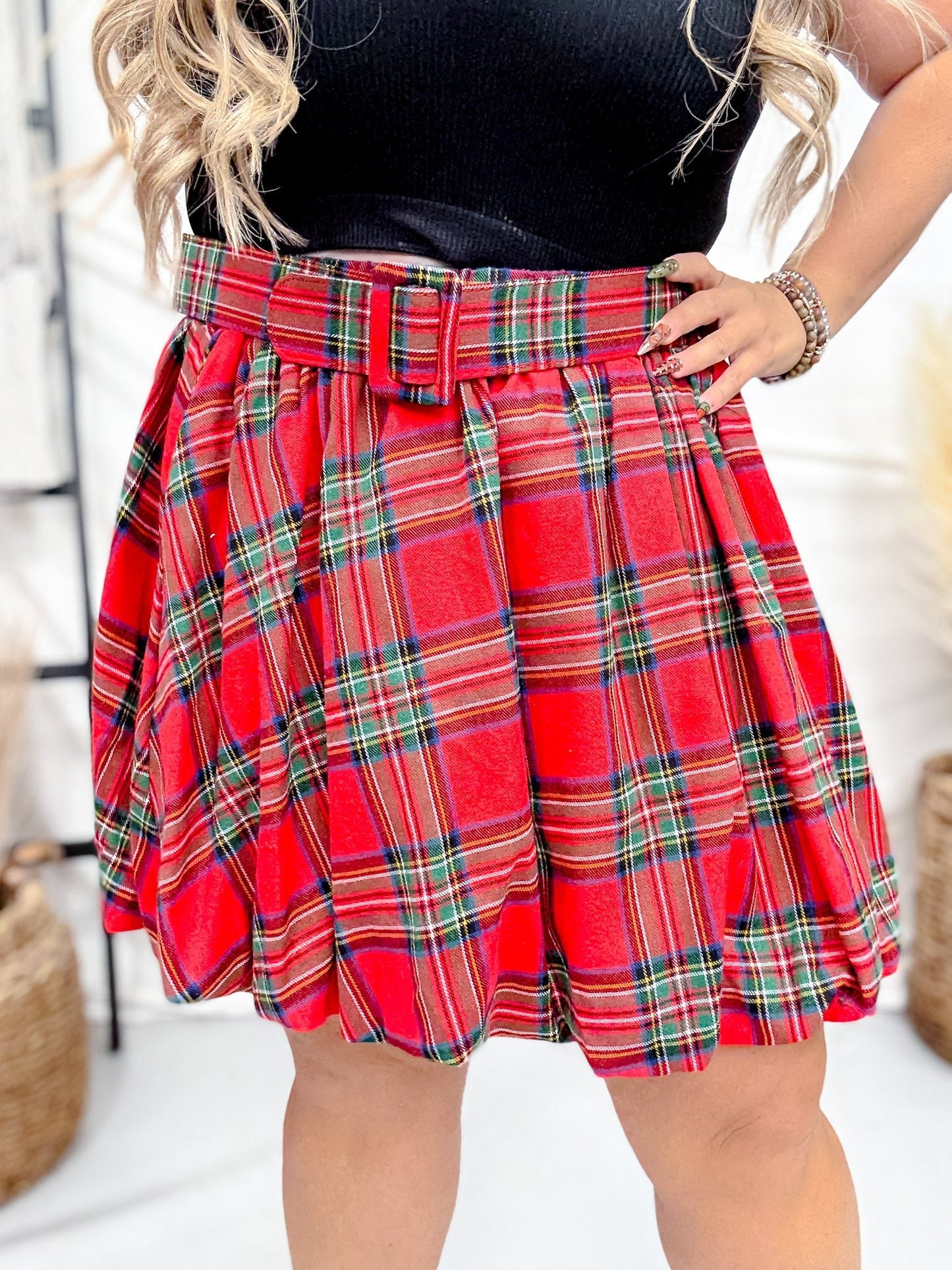 Red Plaid Shirred Puff Skirt With Belt - Whiskey Skies - SWEET GENERIS