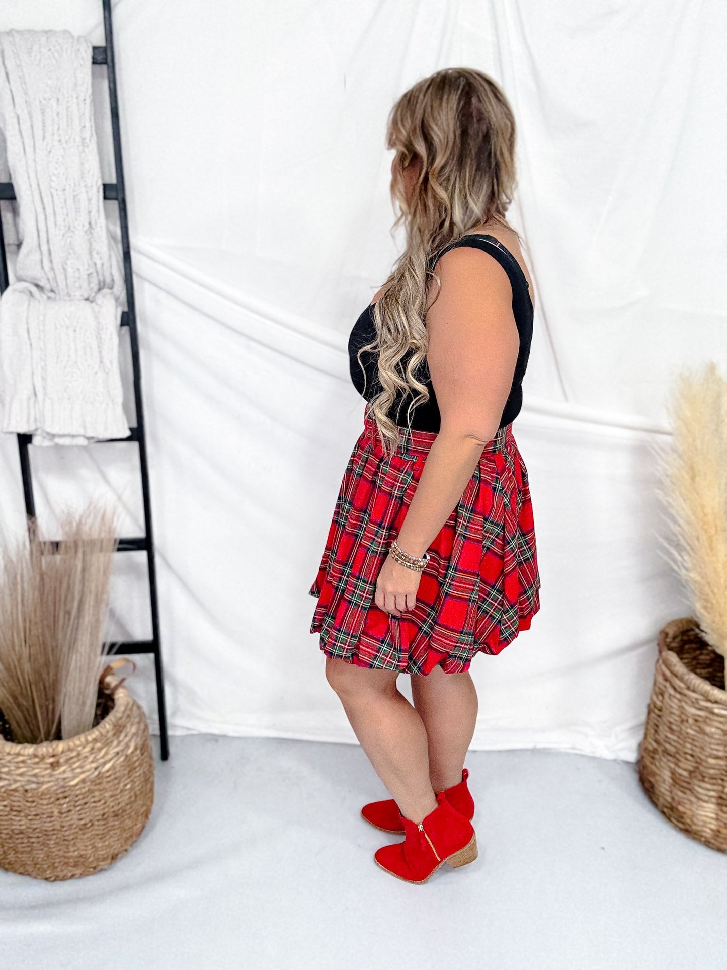 Red Plaid Shirred Puff Skirt With Belt - Whiskey Skies - SWEET GENERIS