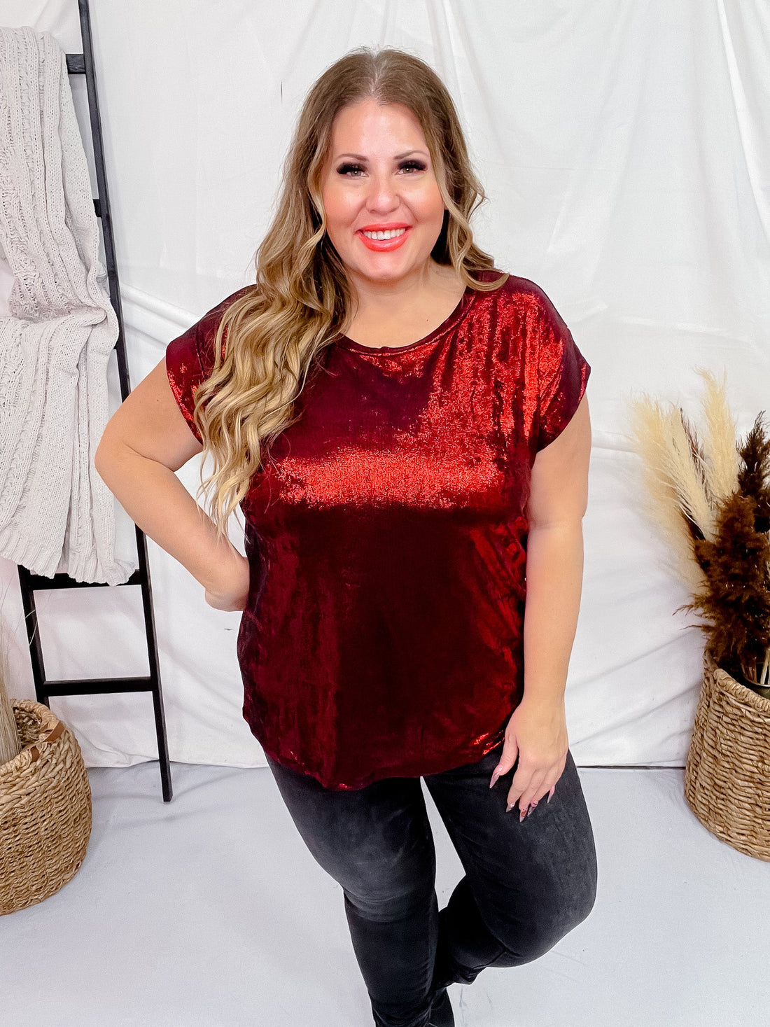 Red Shimmery Metallic Dolman Sleeve Top - Whiskey Skies - SEW IN LOVE