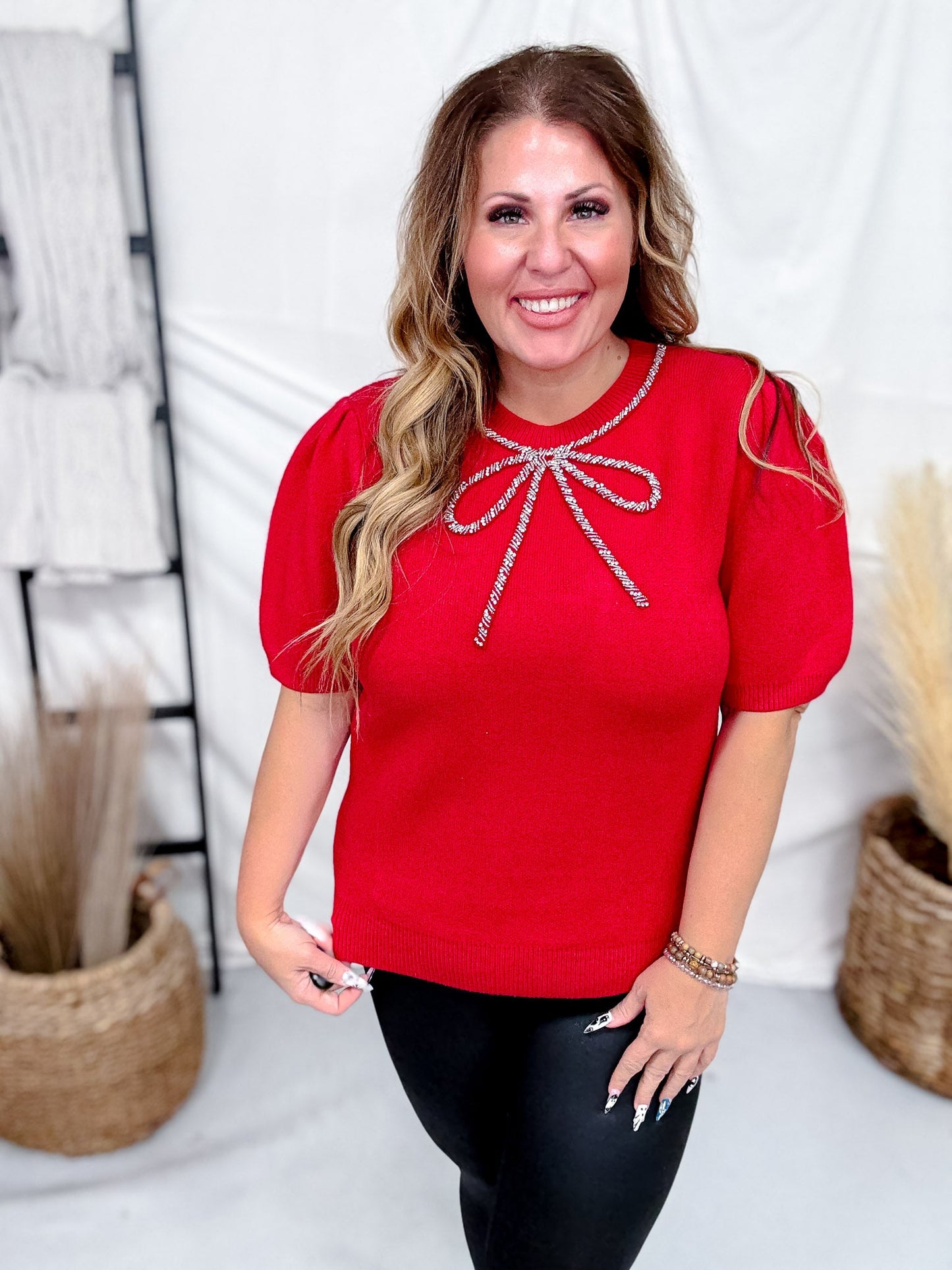 Red Short Sleeve Puff Sweater With Rhinestone Bow - Whiskey Skies - SHE + SKY