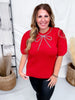 Red Short Sleeve Puff Sweater With Rhinestone Bow - Whiskey Skies - SHE + SKY
