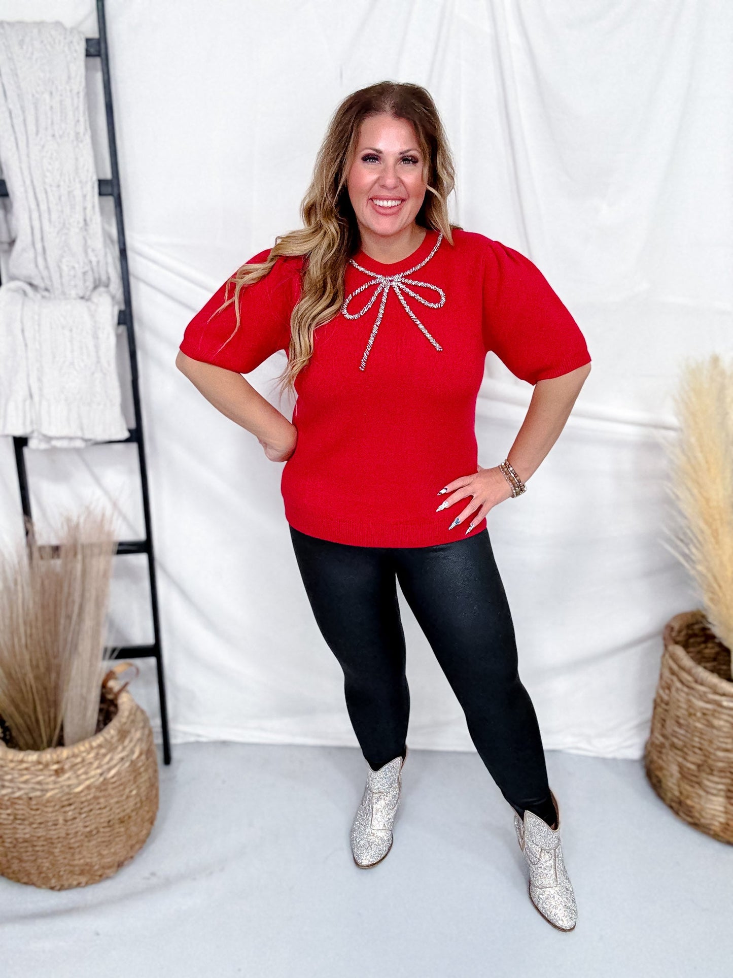 Red Short Sleeve Puff Sweater With Rhinestone Bow - Whiskey Skies - SHE + SKY