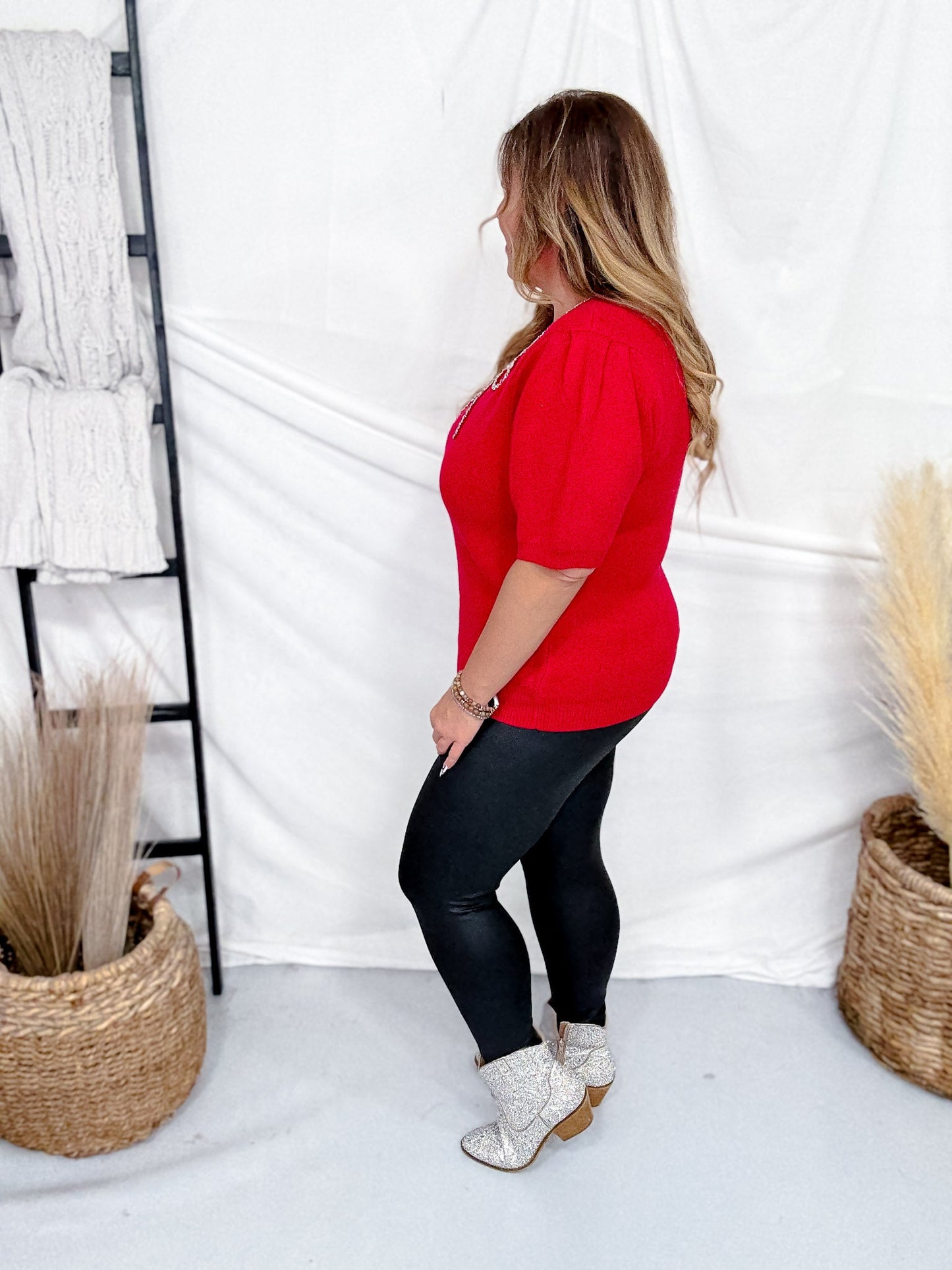 Red Short Sleeve Puff Sweater With Rhinestone Bow - Whiskey Skies - SHE + SKY