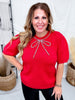 Red Short Sleeve Puff Sweater With Rhinestone Bow - Whiskey Skies - SHE + SKY