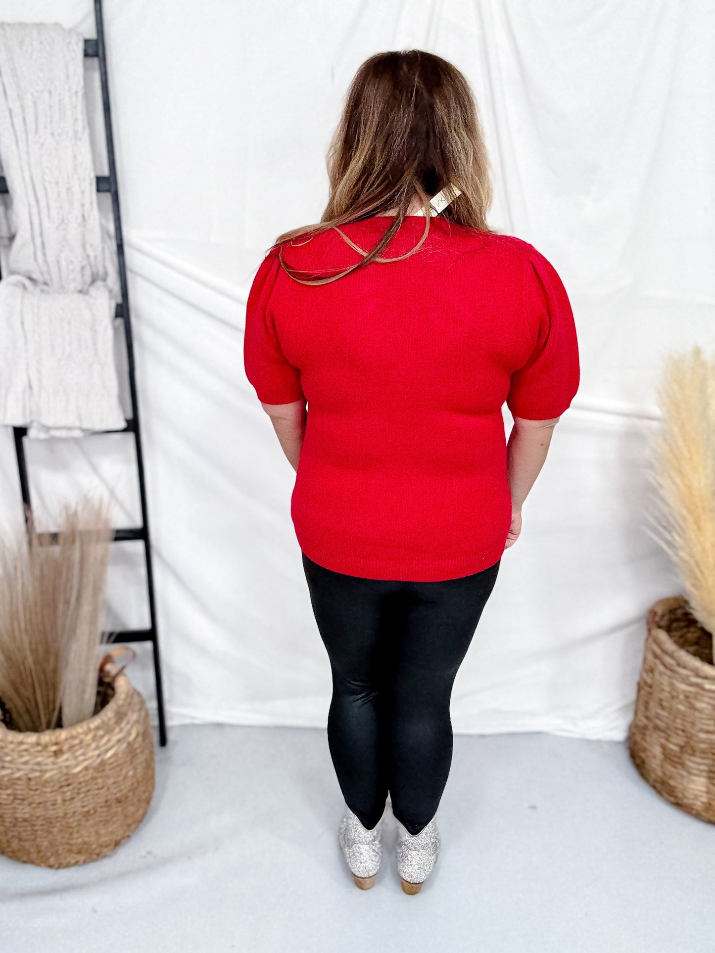 Red Short Sleeve Puff Sweater With Rhinestone Bow - Whiskey Skies - SHE + SKY