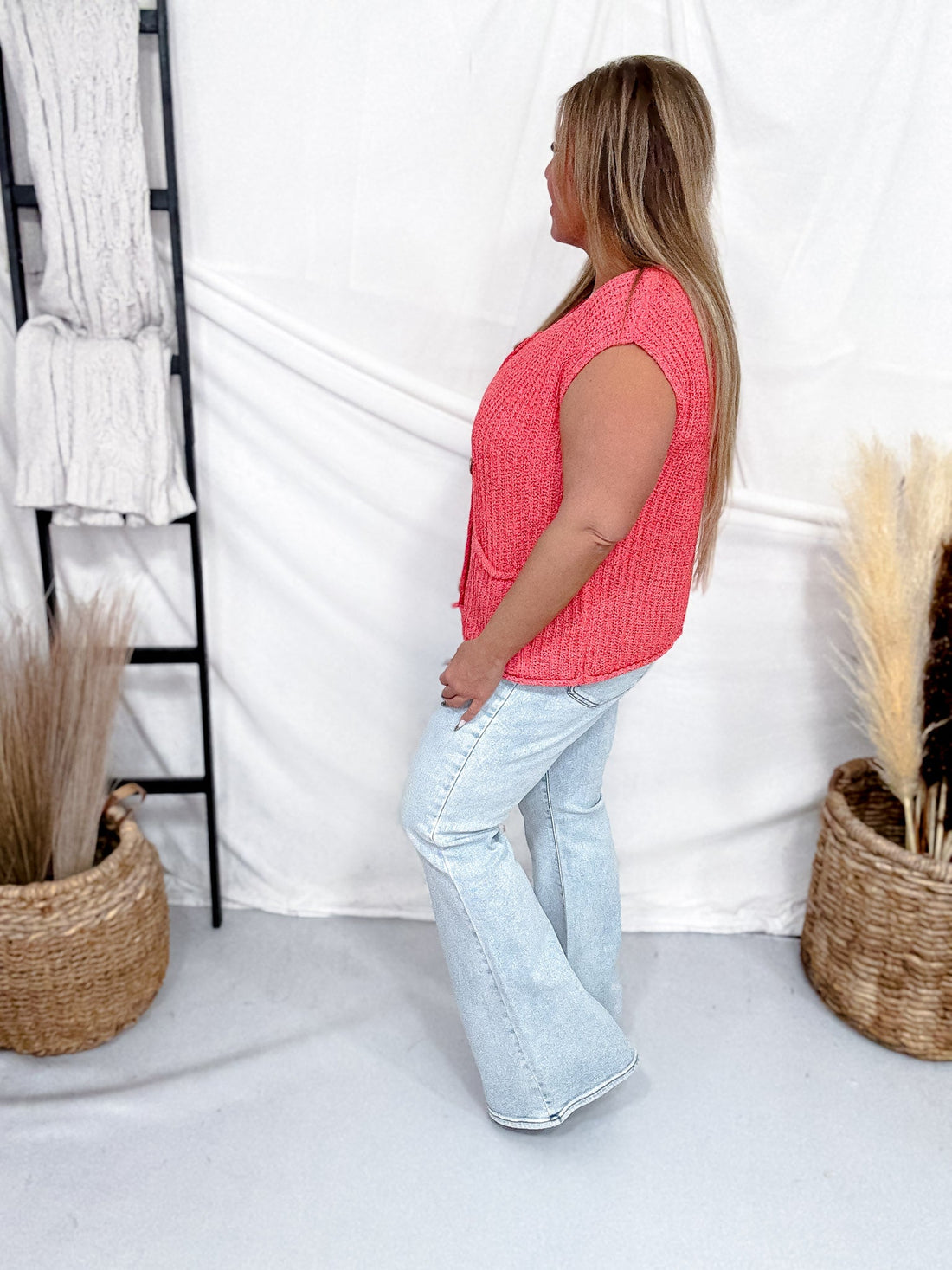 Red Sleeveless Crochet Sweater Vest With Metallic Buttons - Whiskey Skies - SHE + SKY
