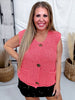Red Sleeveless Crochet Sweater Vest With Metallic Buttons - Whiskey Skies - SHE + SKY