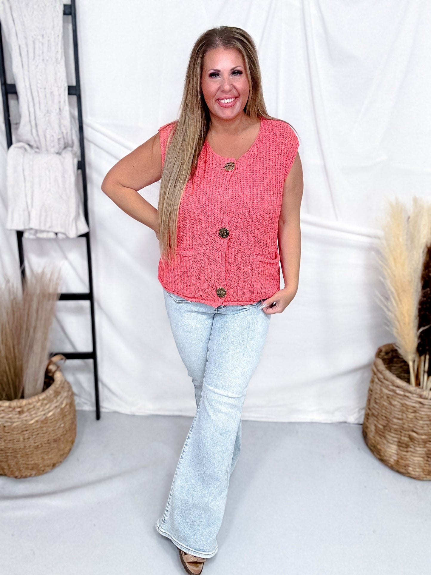 Red Sleeveless Crochet Sweater Vest With Metallic Buttons - Whiskey Skies - SHE + SKY