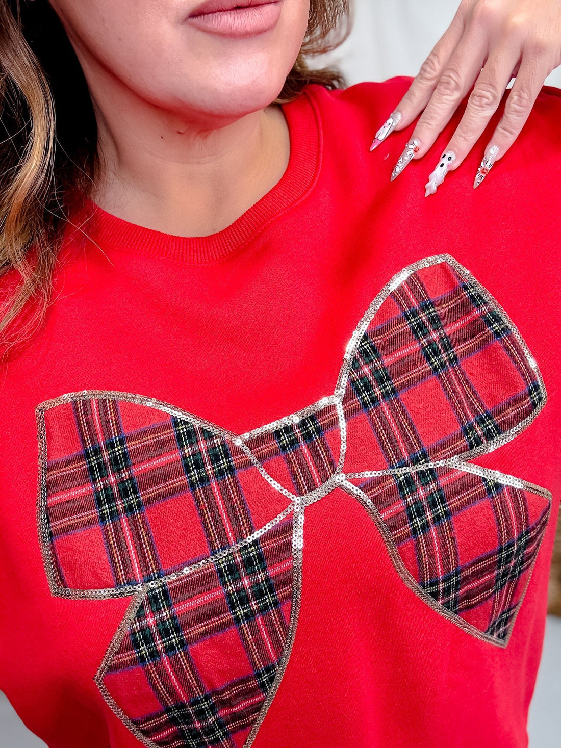 Red Sweatshirt With Plaid Christmas Bow - Whiskey Skies - SHE + SKY