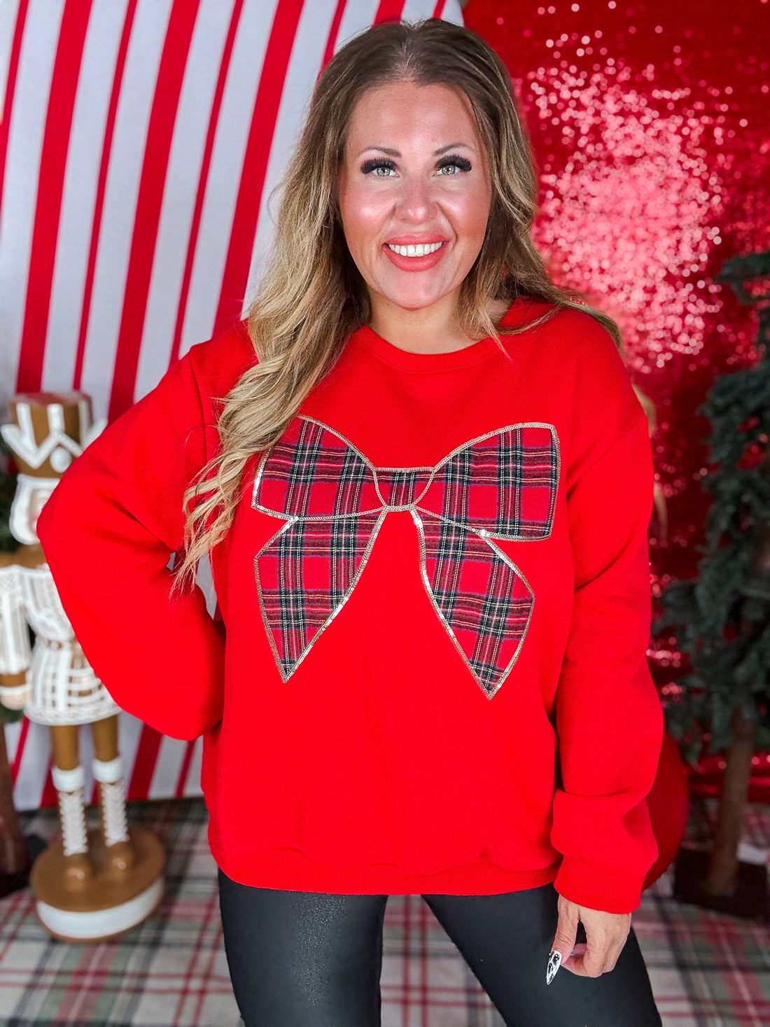 Red Sweatshirt With Plaid Christmas Bow - Whiskey Skies - SHE + SKY