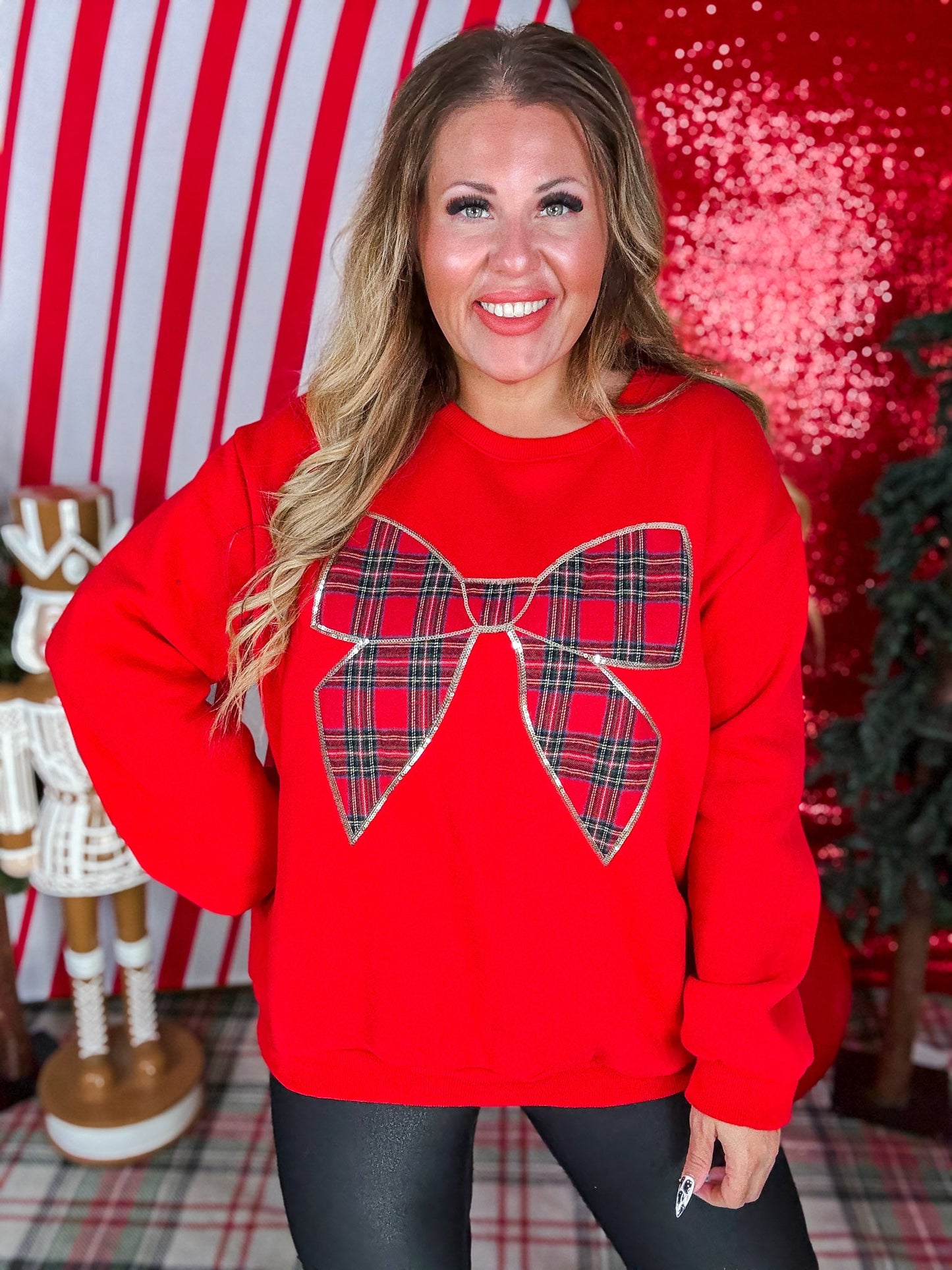 Red Sweatshirt With Plaid Christmas Bow - Whiskey Skies - SHE + SKY