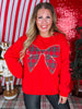 Red Sweatshirt With Plaid Christmas Bow - Whiskey Skies - SHE + SKY