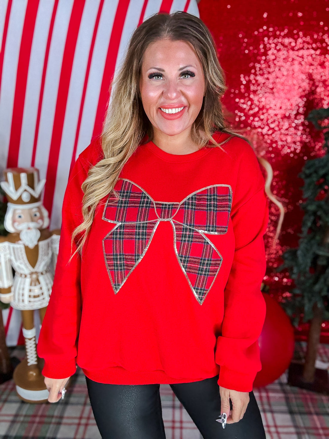 Red Sweatshirt With Plaid Christmas Bow - Whiskey Skies - SHE + SKY