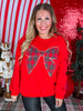 Red Sweatshirt With Plaid Christmas Bow - Whiskey Skies - SHE + SKY