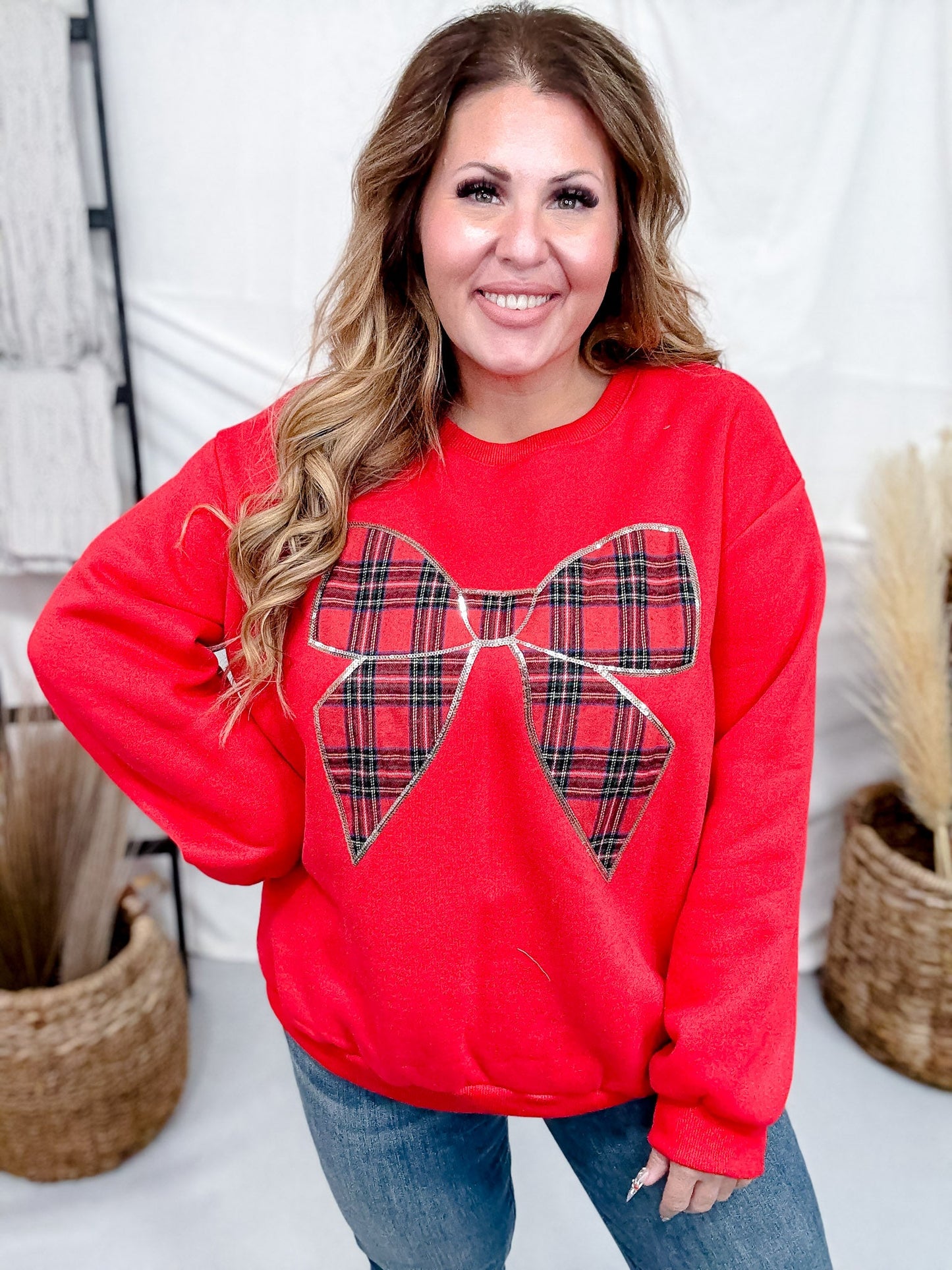 Red Sweatshirt With Plaid Christmas Bow - Whiskey Skies - SHE + SKY