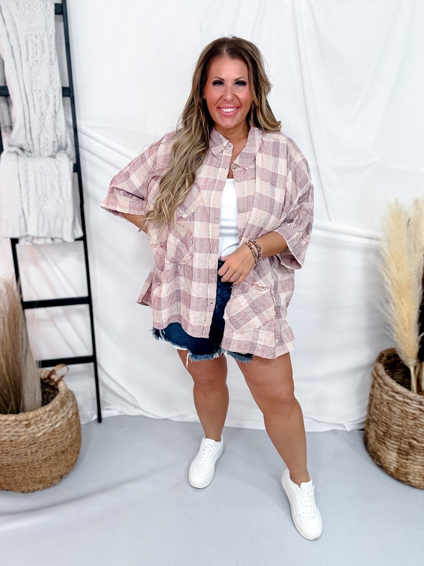 Red & Tan Dolman Sleeve Washed Plaid Top With Daisy Patch - Whiskey Skies - EASEL