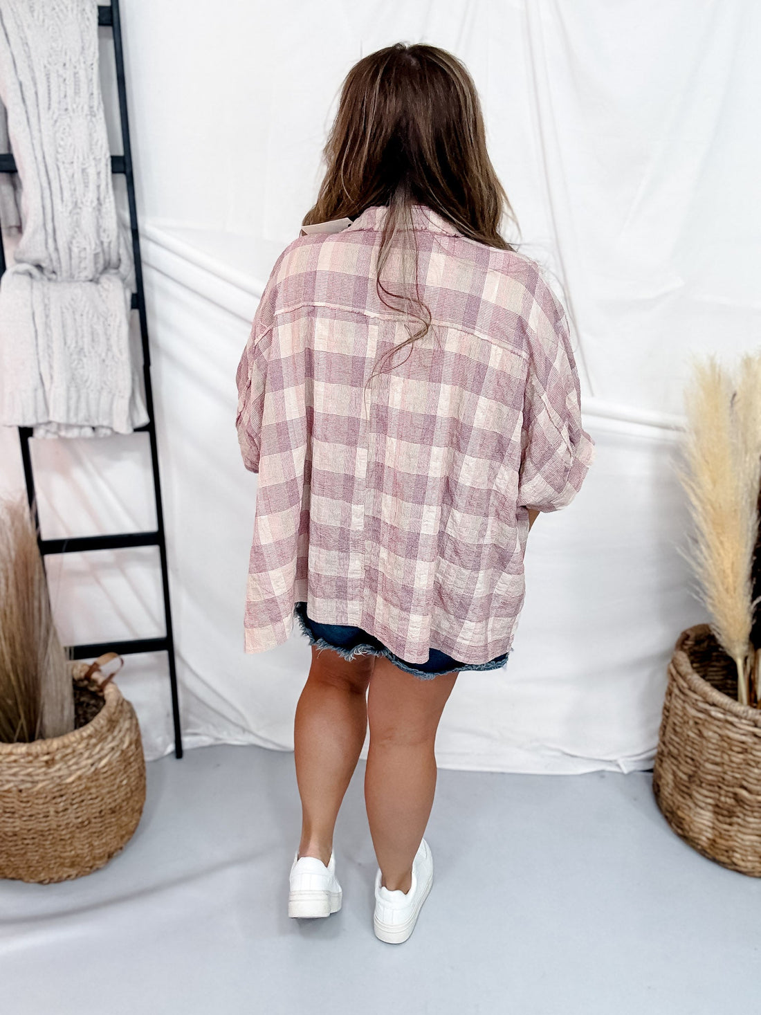 Red & Tan Dolman Sleeve Washed Plaid Top With Daisy Patch - Whiskey Skies - EASEL