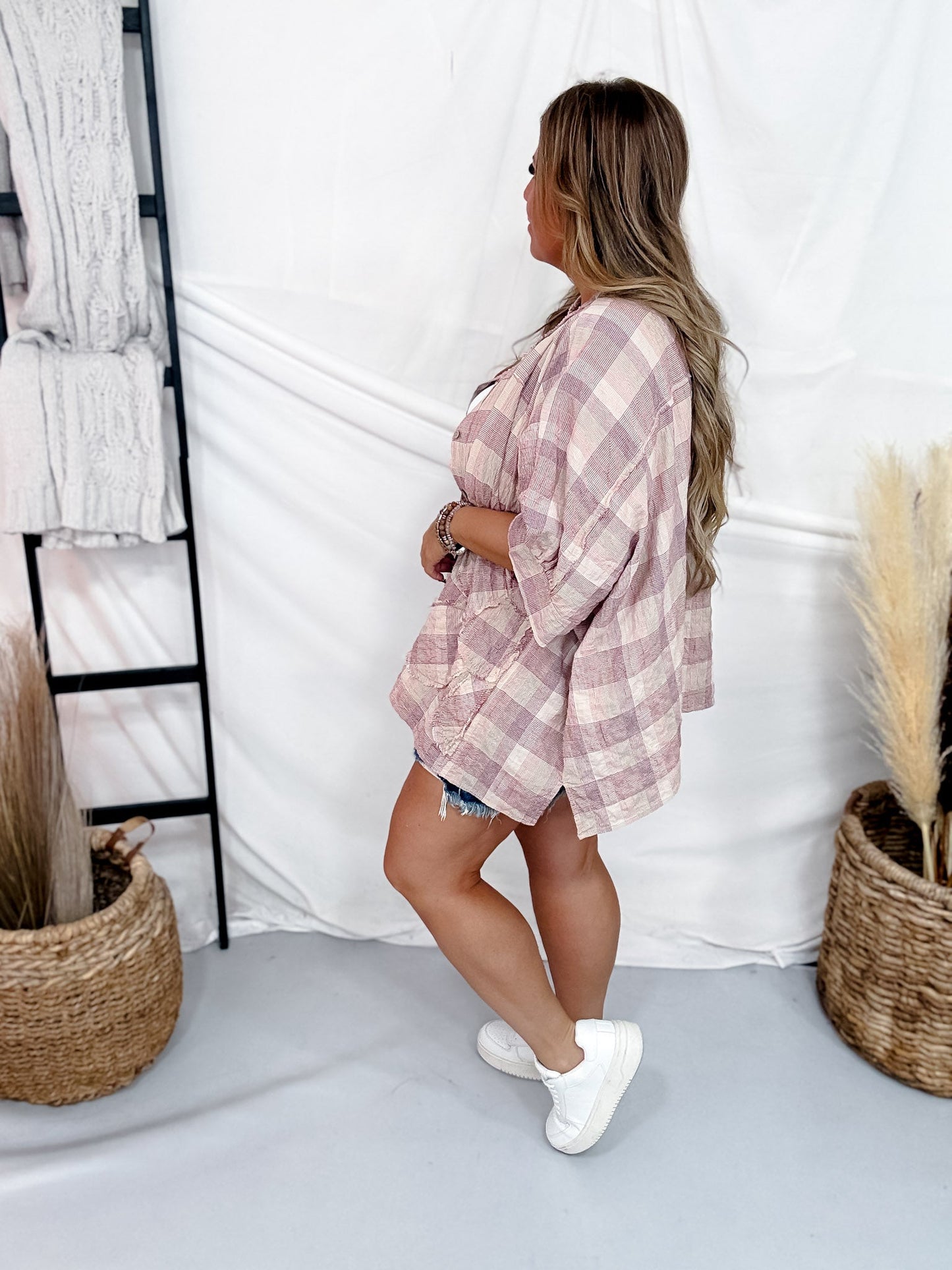 Red & Tan Dolman Sleeve Washed Plaid Top With Daisy Patch - Whiskey Skies - EASEL