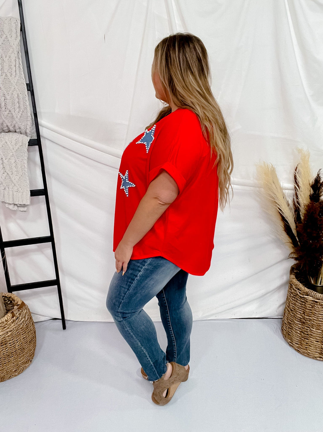 Red Terry Pull Over Top with Pearl Star Appliques - Whiskey Skies - BIBI