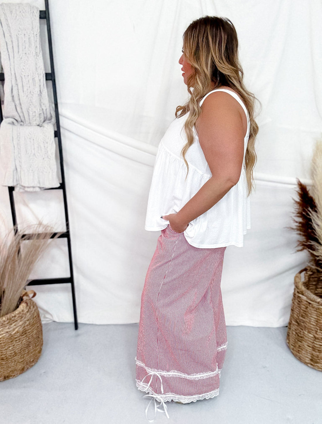 Red Washed Stripe Ruffle Lace Cropped Pants - Whiskey Skies - DAVI & DANI