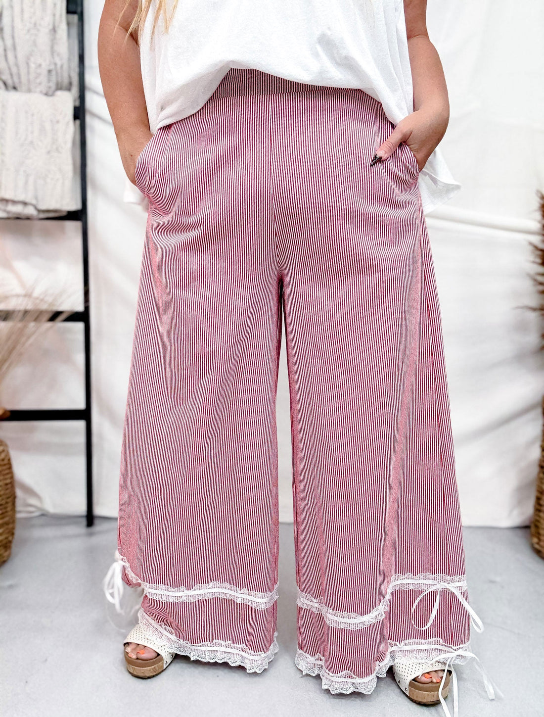 Red Washed Stripe Ruffle Lace Cropped Pants - Whiskey Skies - DAVI & DANI