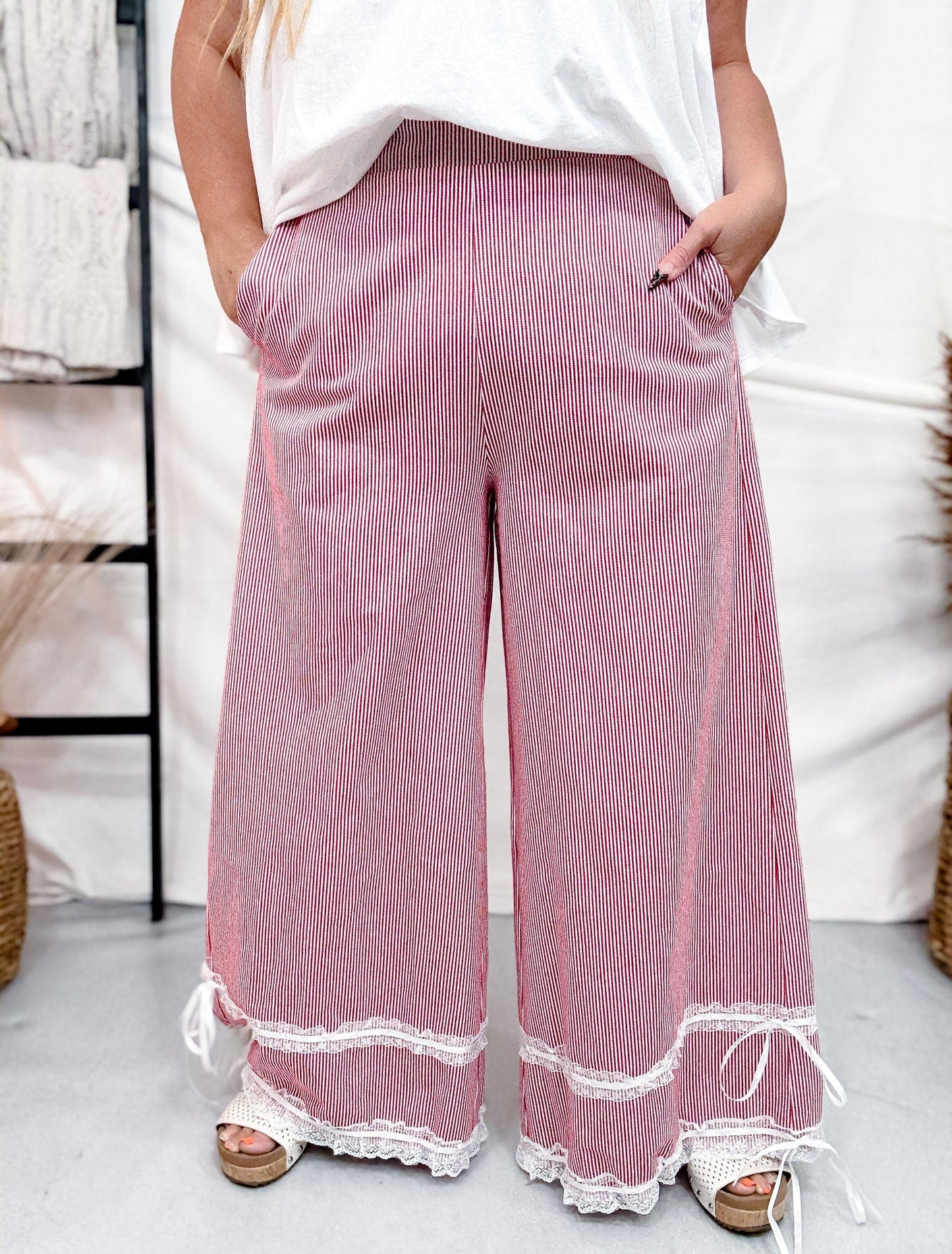 Red Washed Stripe Ruffle Lace Cropped Pants - Whiskey Skies - DAVI & DANI