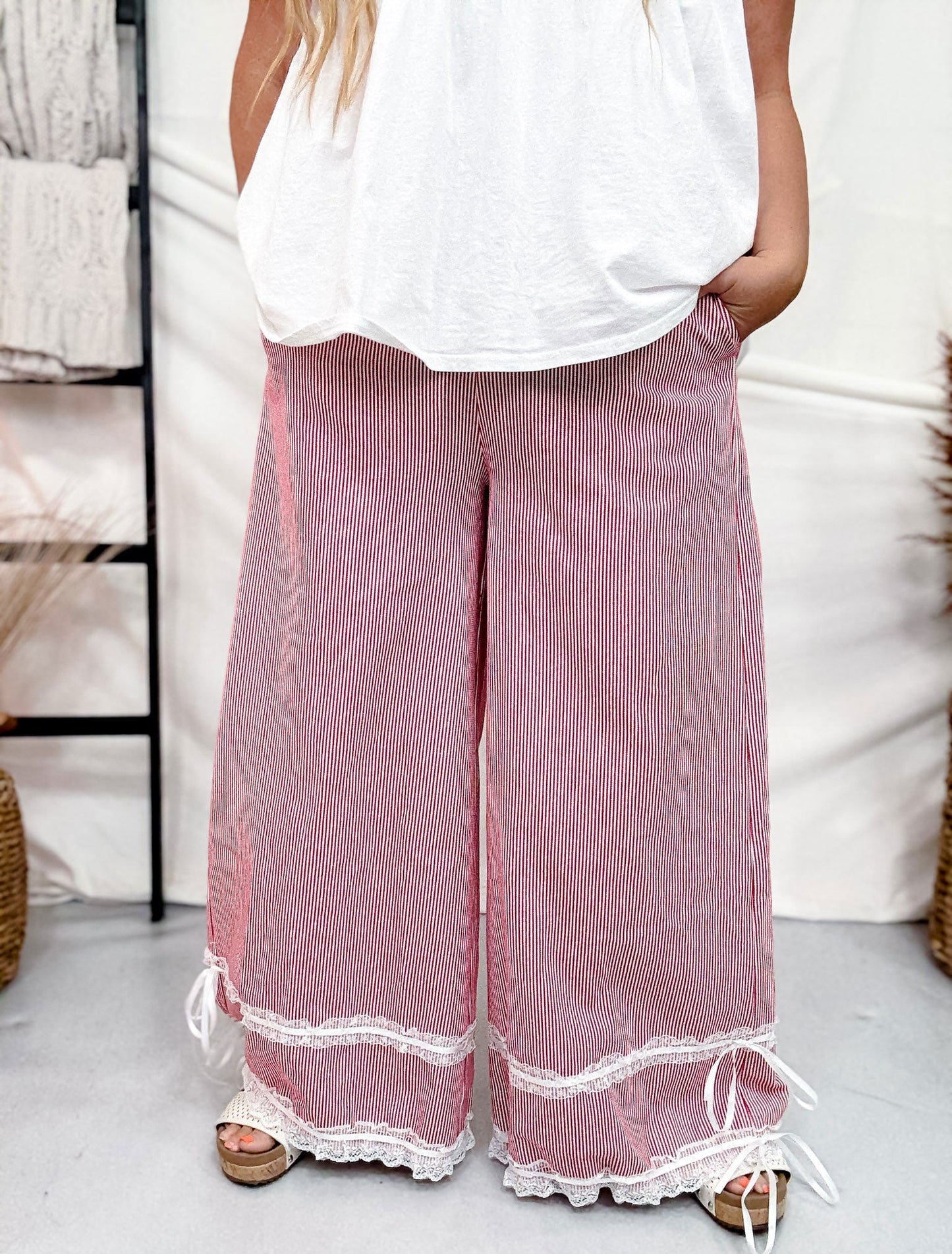 Red Washed Stripe Ruffle Lace Cropped Pants - Whiskey Skies - DAVI & DANI