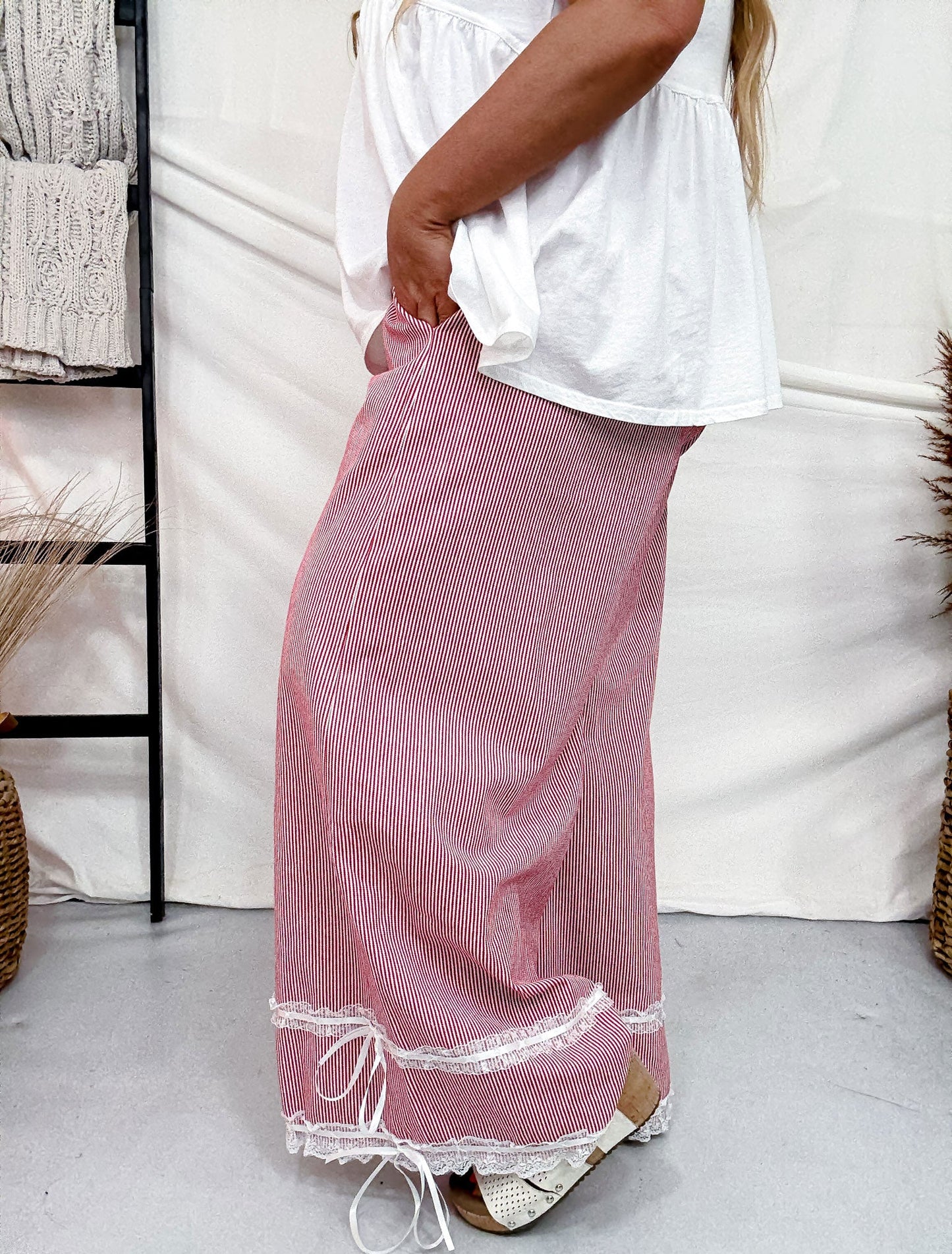 Red Washed Stripe Ruffle Lace Cropped Pants - Whiskey Skies - DAVI & DANI