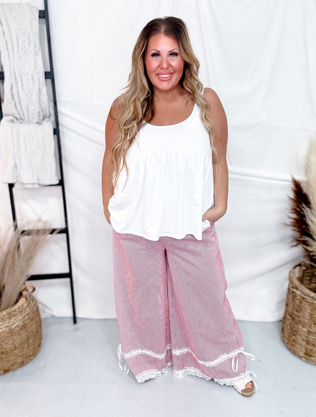 Red Washed Stripe Ruffle Lace Cropped Pants - Whiskey Skies - DAVI & DANI