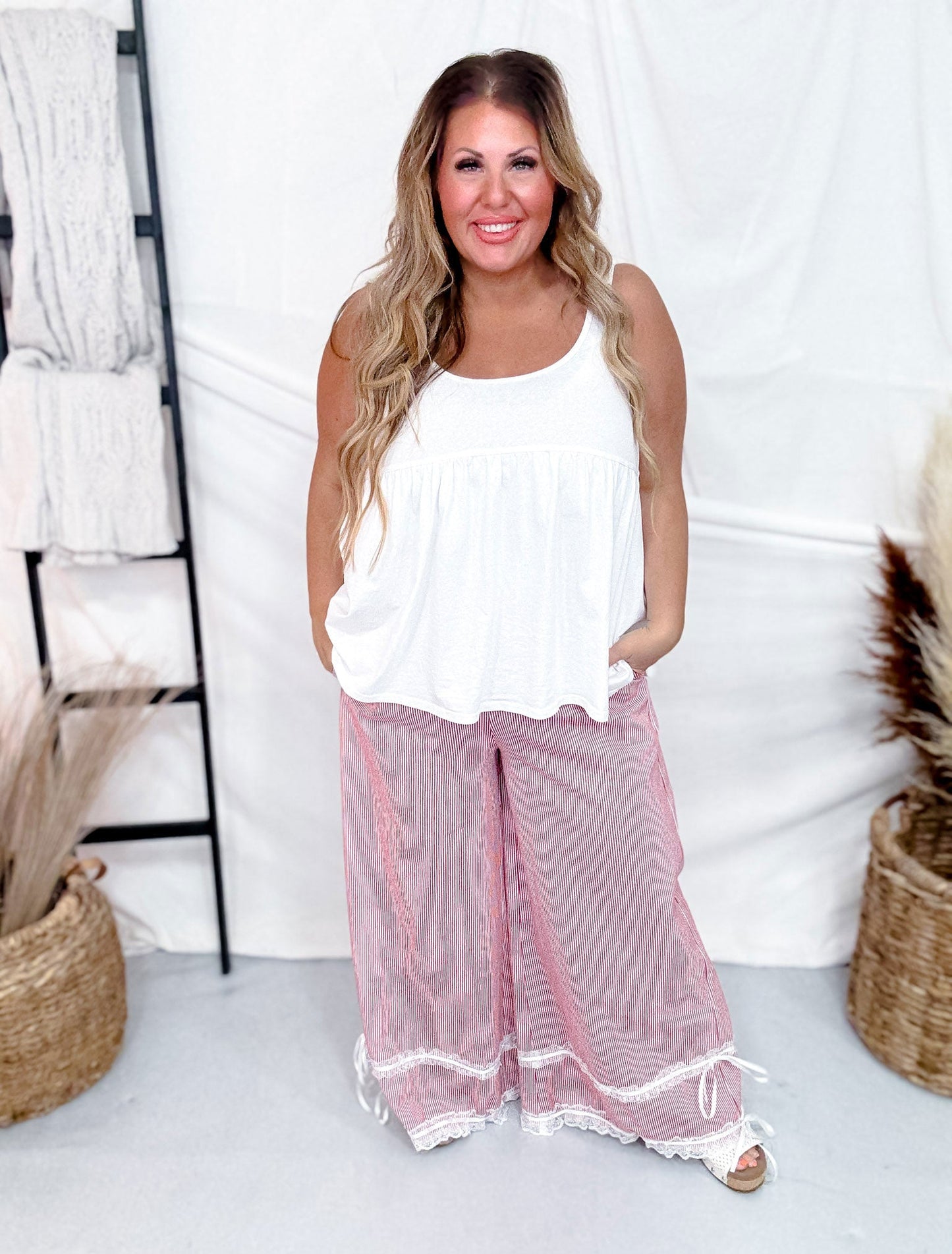 Red Washed Stripe Ruffle Lace Cropped Pants - Whiskey Skies - DAVI & DANI